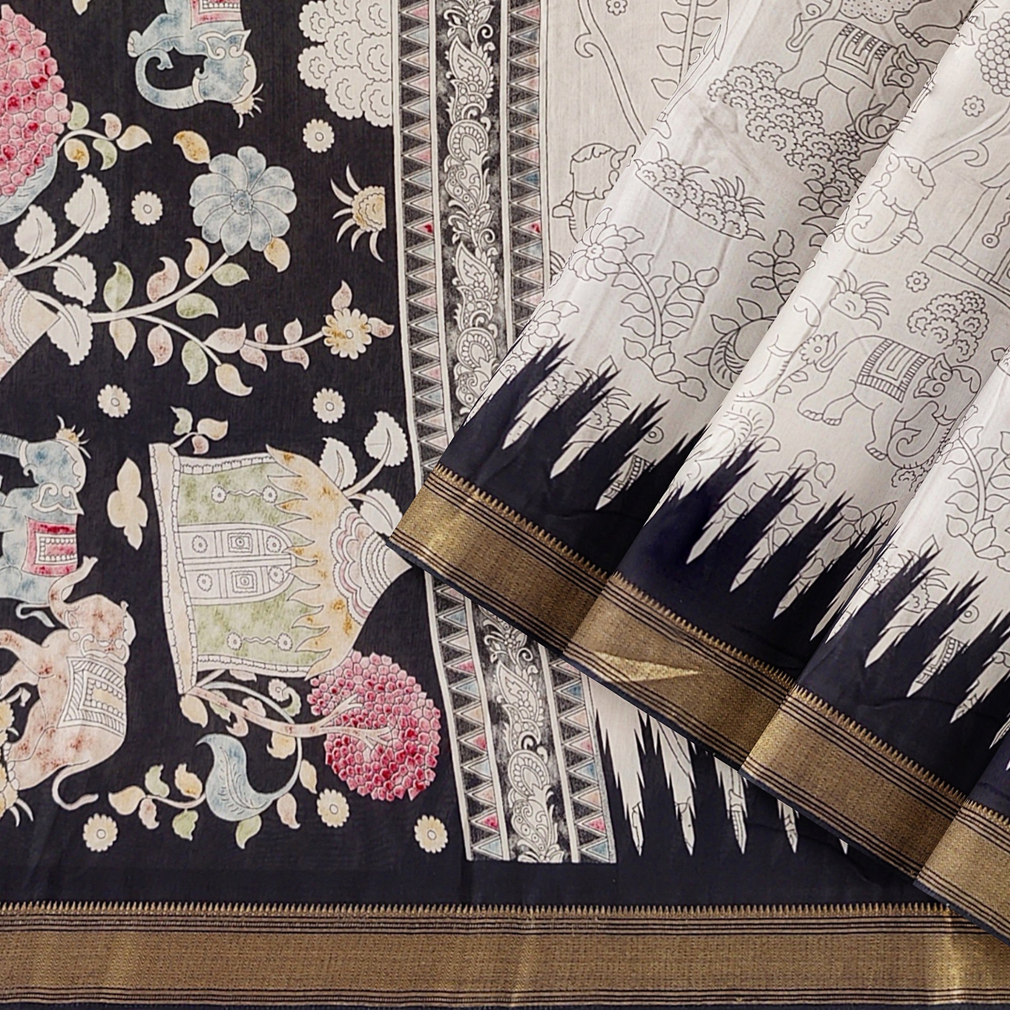 White Fancy Saree with Black Border and Kalamkari Outline Print – Contemporary Ethnic Saree Online