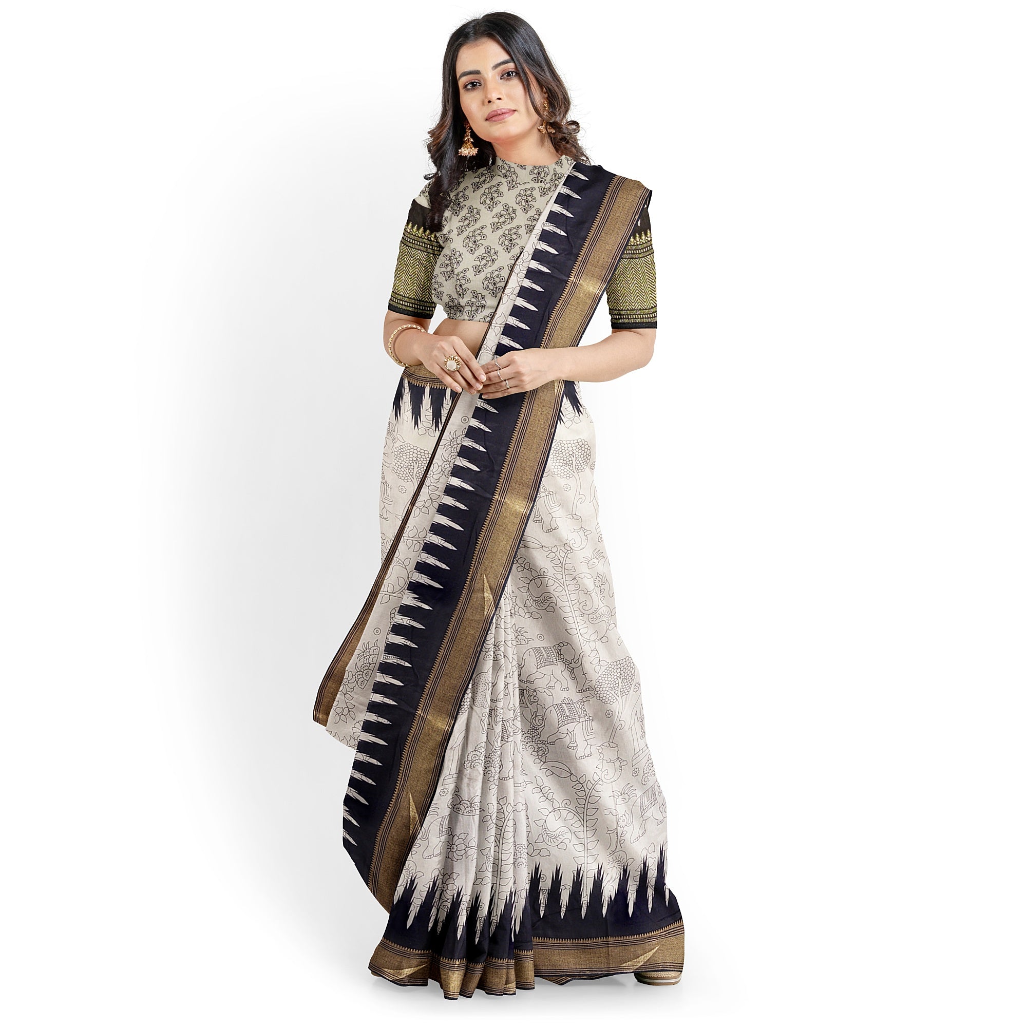 White Fancy Saree with Black Border and Kalamkari Outline Print – Contemporary Ethnic Saree Online