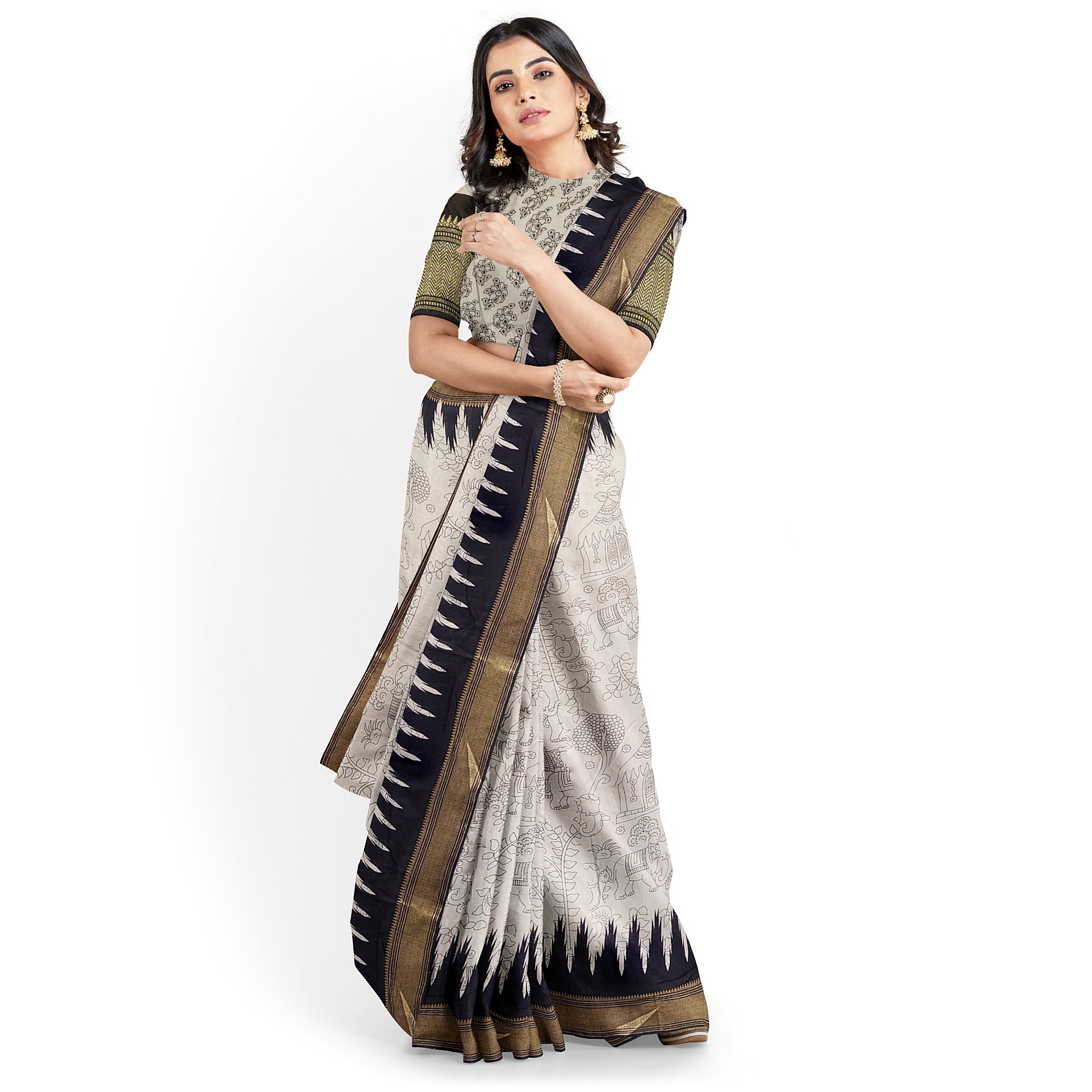 White Fancy Saree with Black Border and Kalamkari Outline Print – Contemporary Ethnic Saree Online