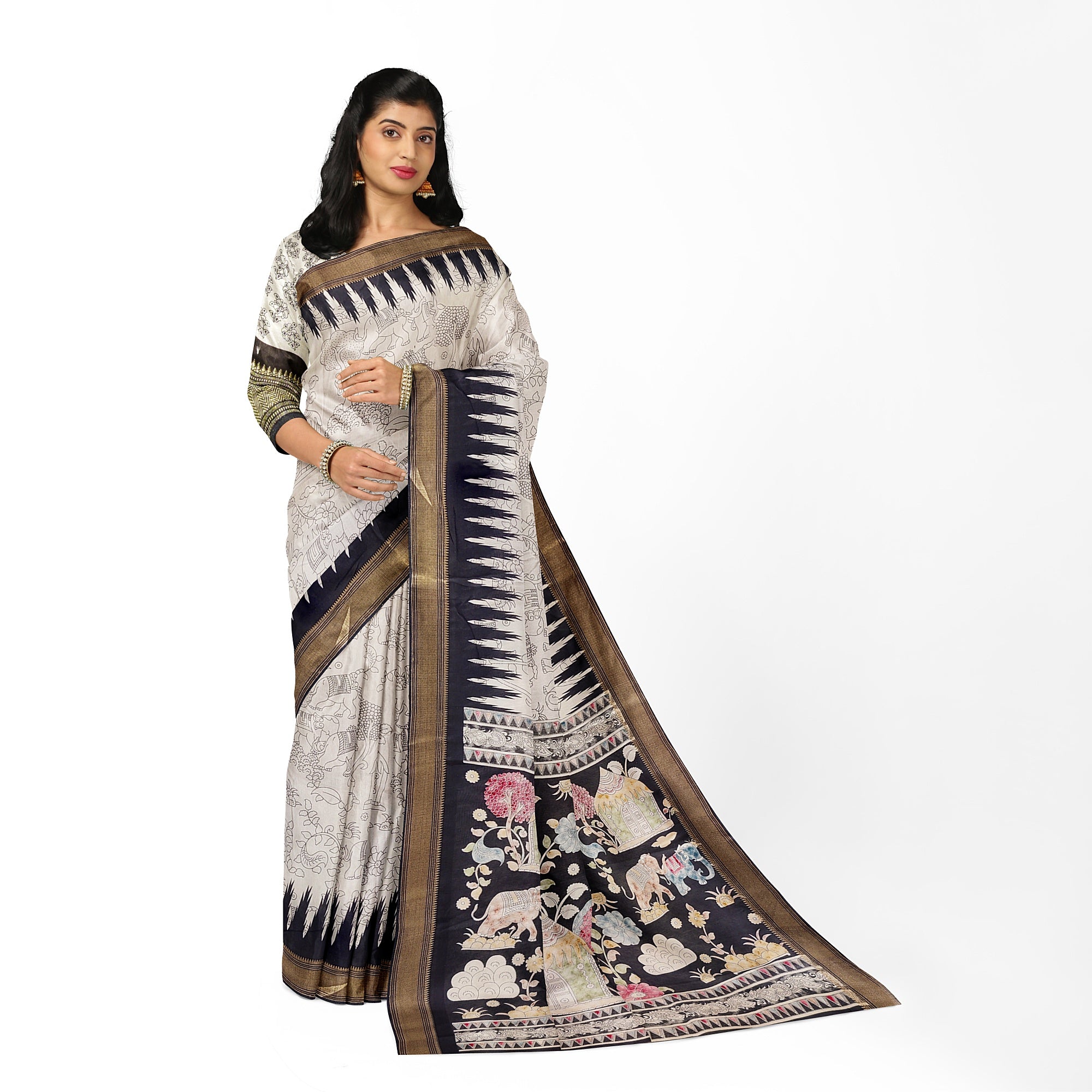 White Fancy Saree with Black Border and Kalamkari Outline Print – Contemporary Ethnic Saree Online