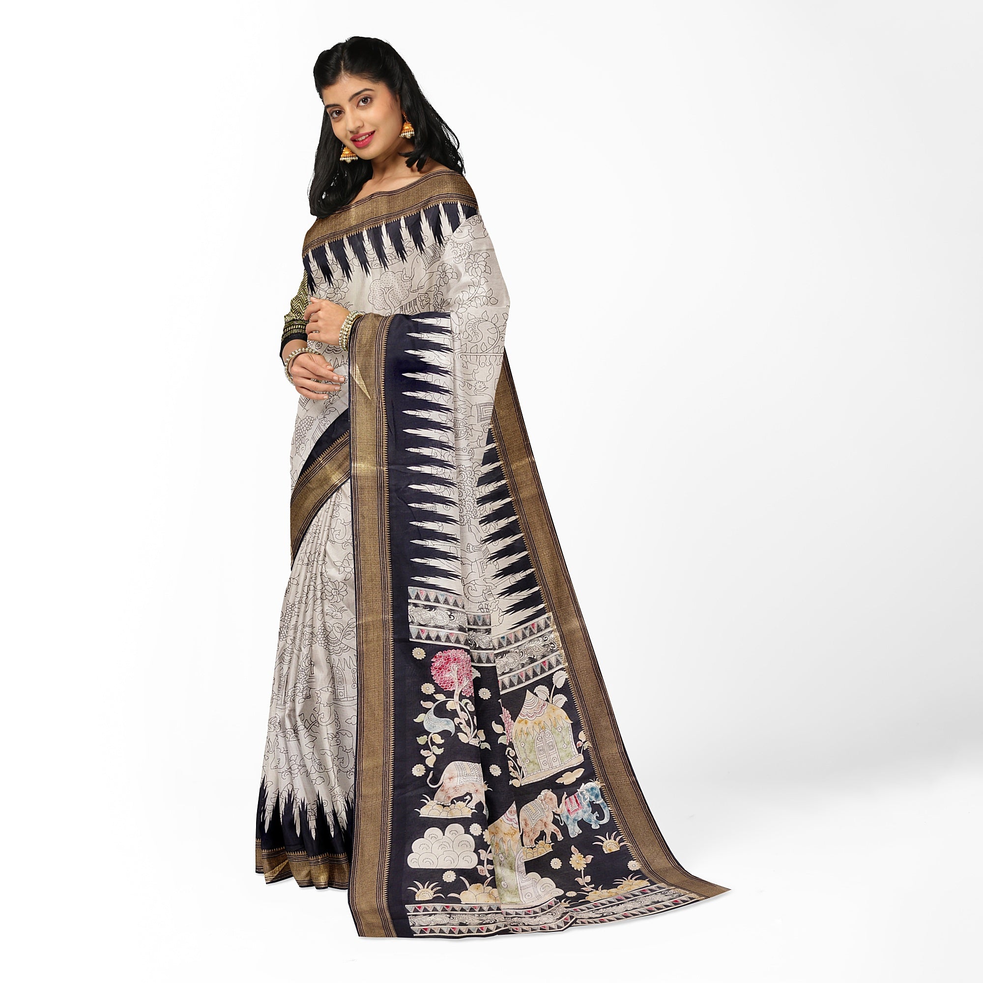 White Fancy Saree with Black Border and Kalamkari Outline Print – Contemporary Ethnic Saree Online
