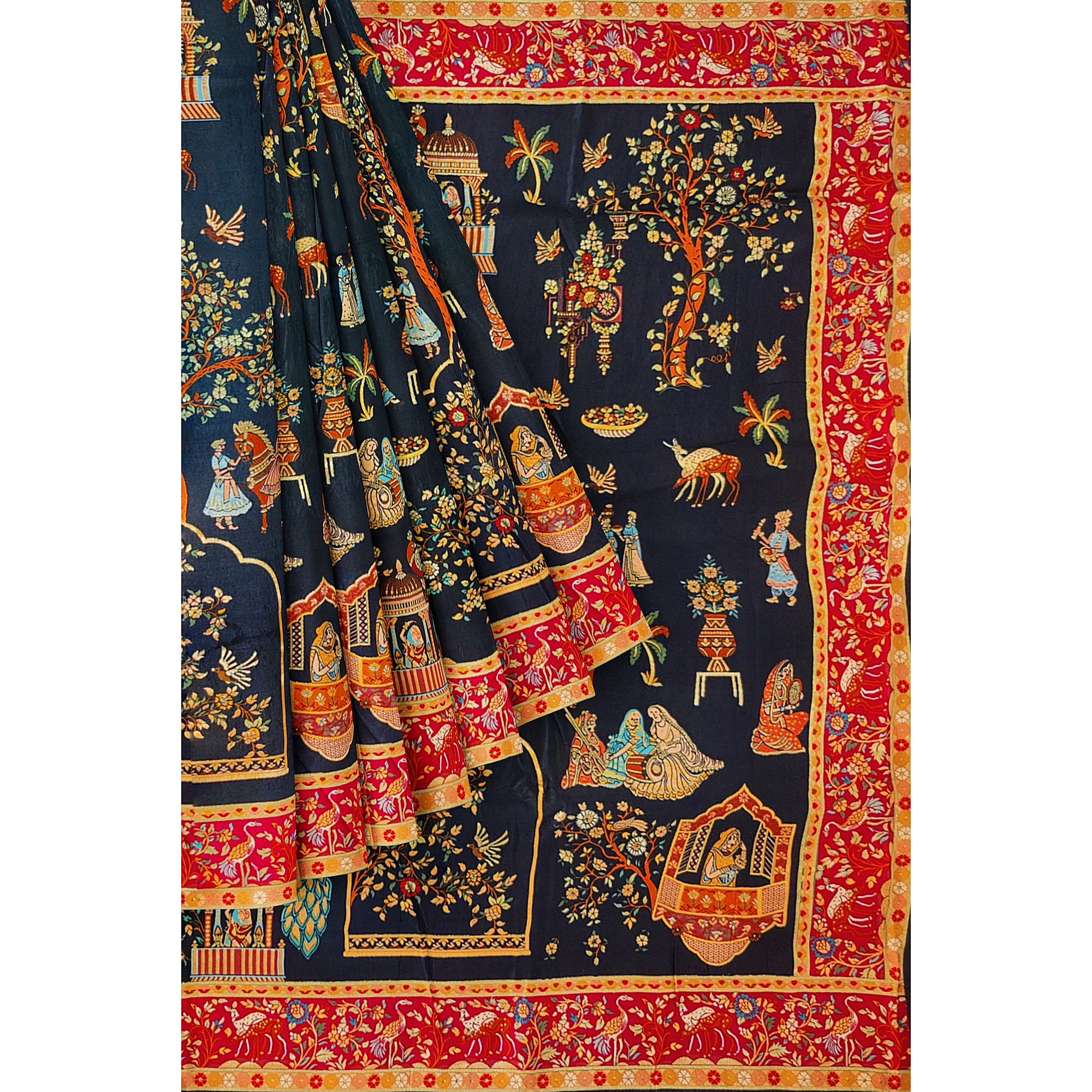 Mughal Work Saree with Animal Border and Zari Work – Regal Traditional Saree Online
