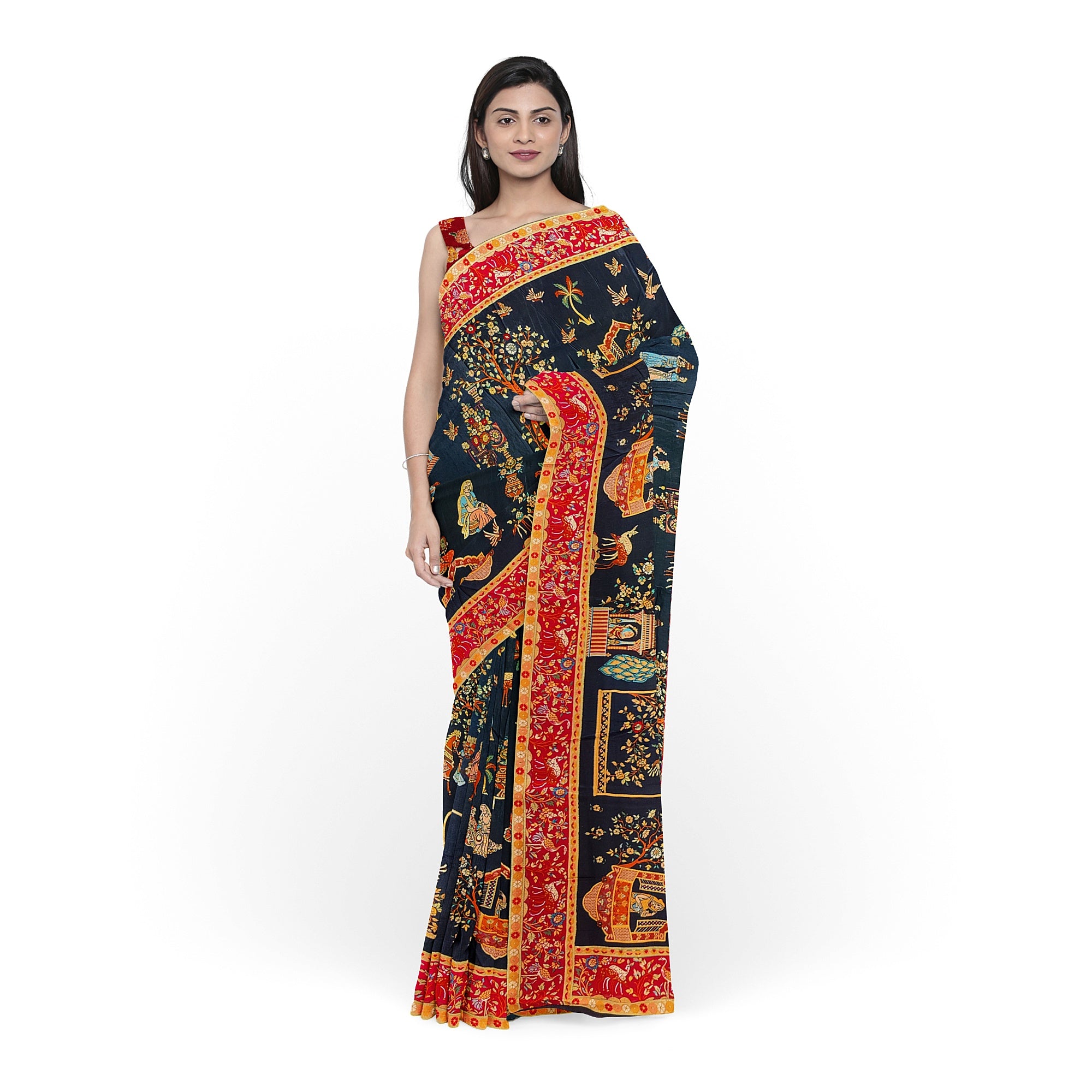Mughal Work Saree with Animal Border and Zari Work – Regal Traditional Saree Online