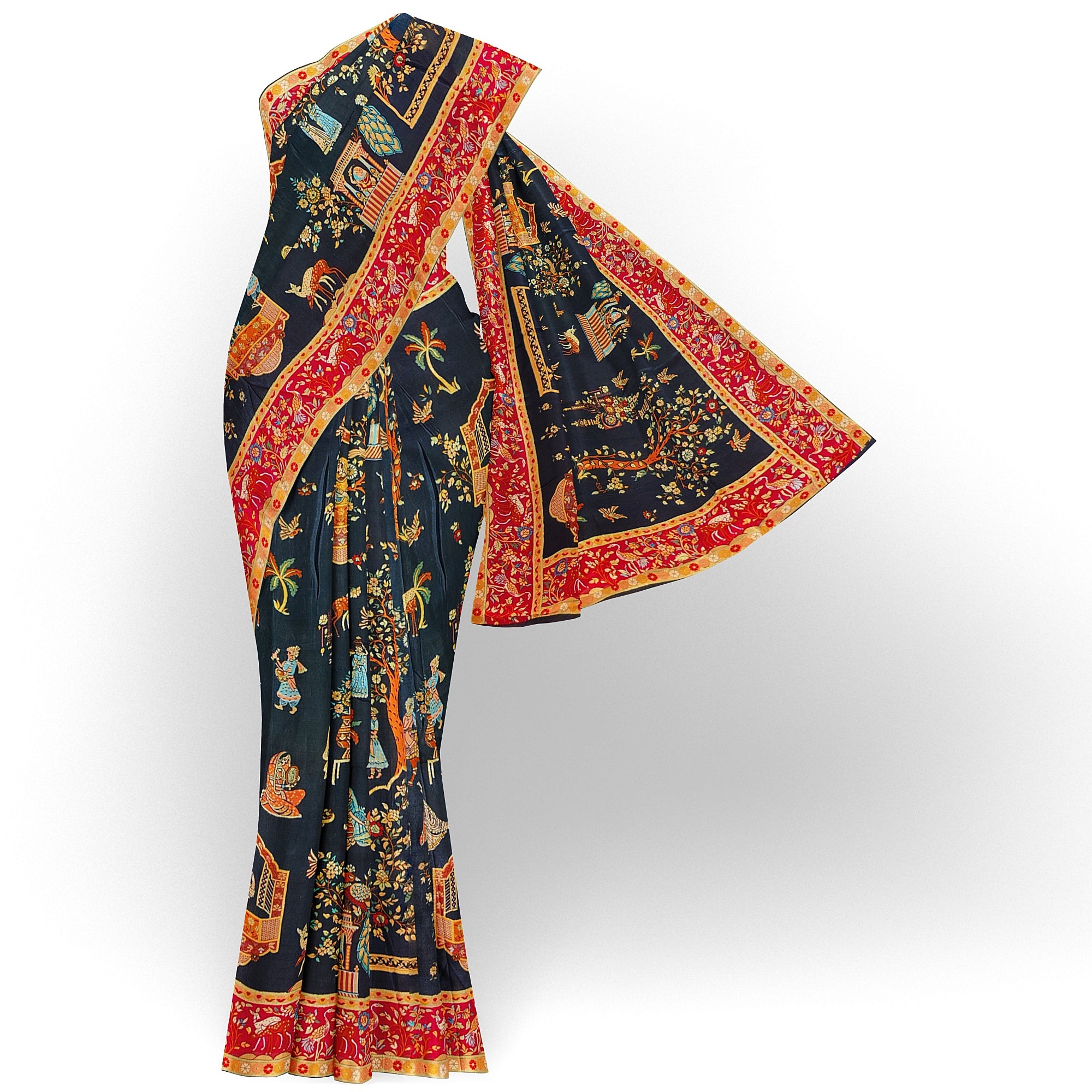 Mughal Work Saree with Animal Border and Zari Work – Regal Traditional Saree Online