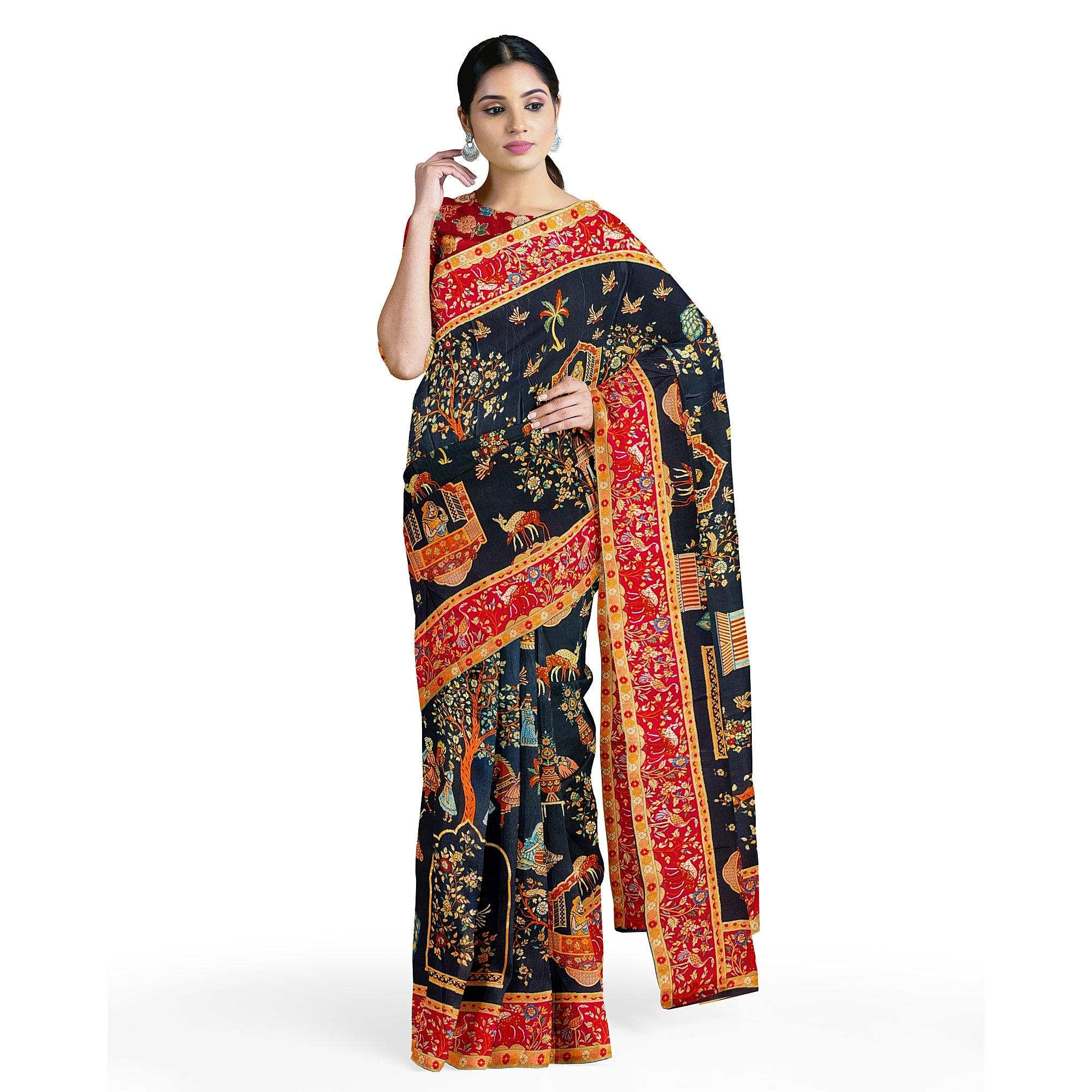 Mughal Work Saree with Animal Border and Zari Work – Regal Traditional Saree Online