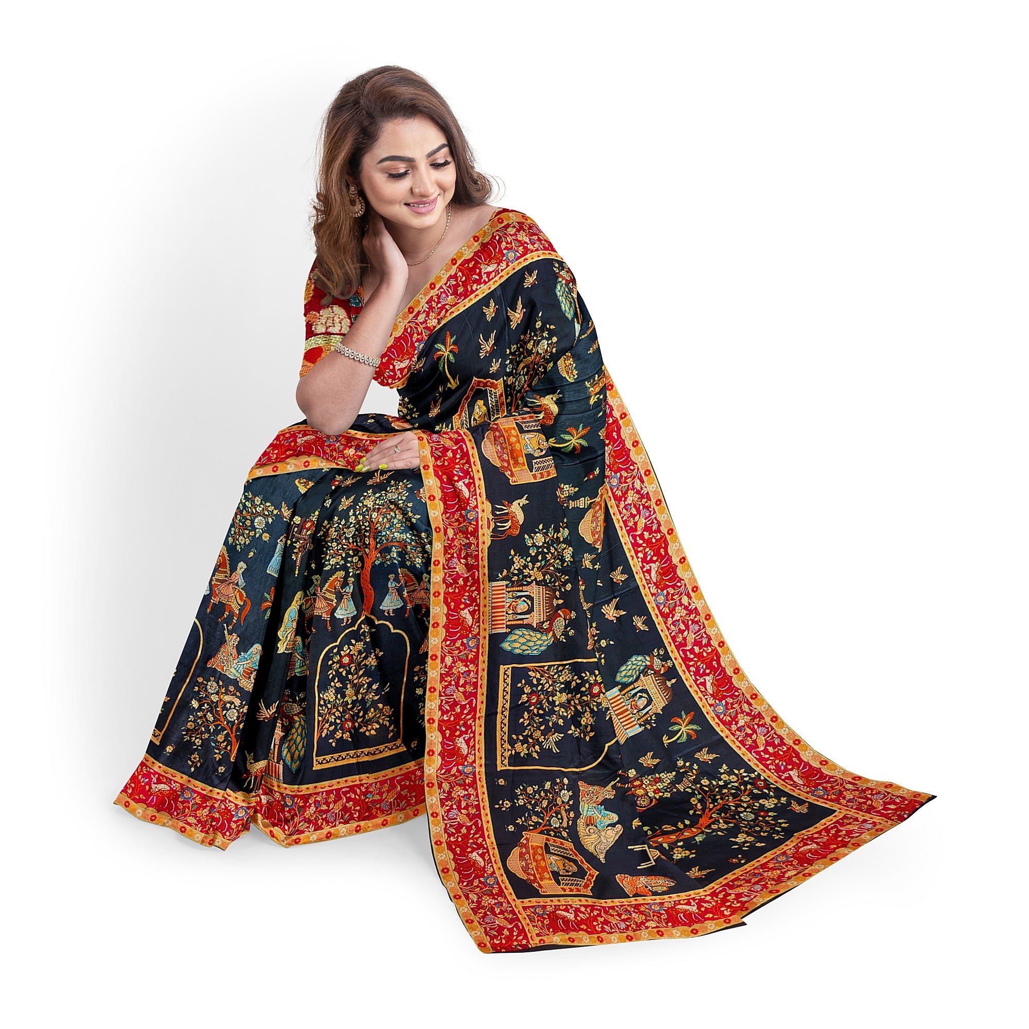 Mughal Work Saree with Animal Border and Zari Work – Regal Traditional Saree Online