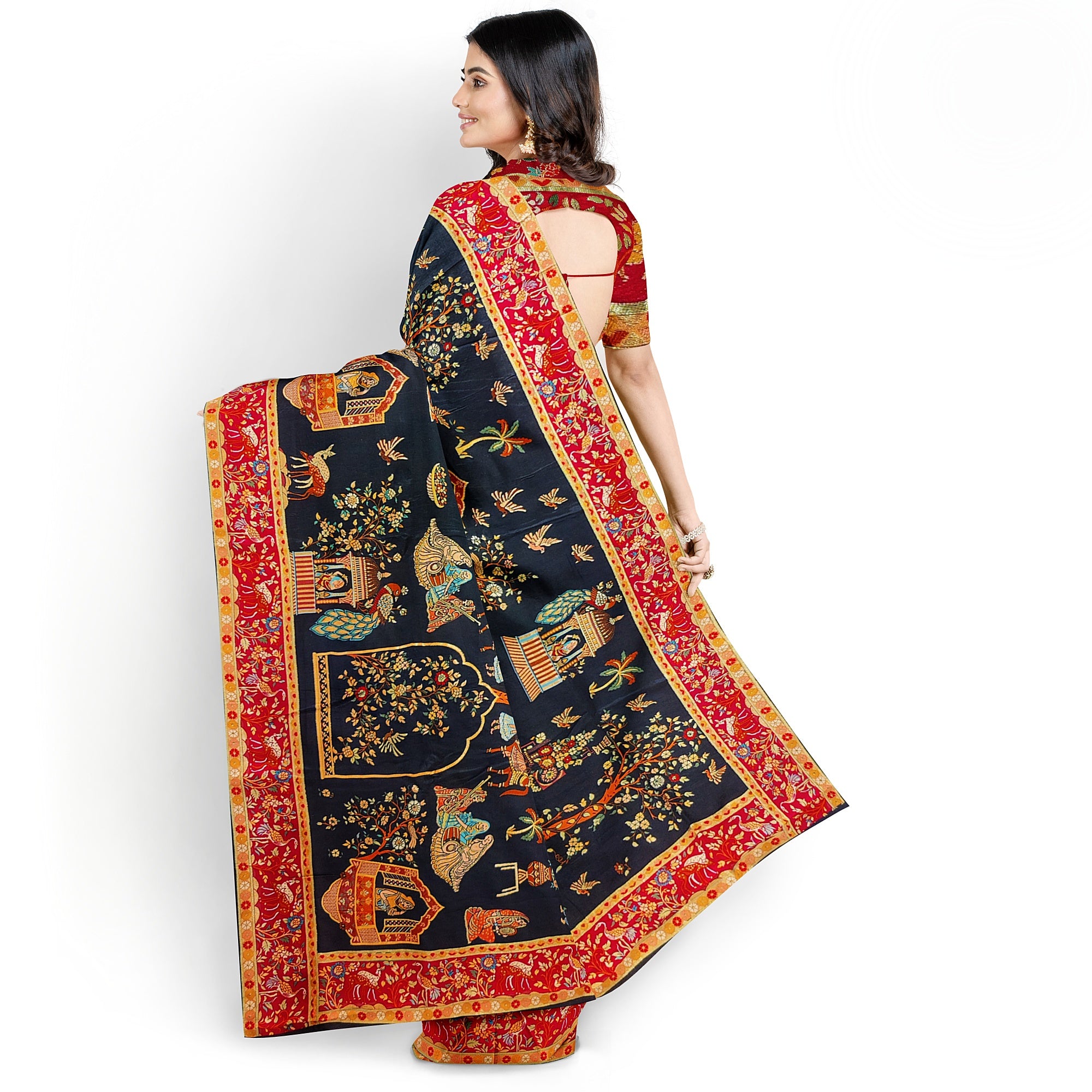 Mughal Work Saree with Animal Border and Zari Work – Regal Traditional Saree Online