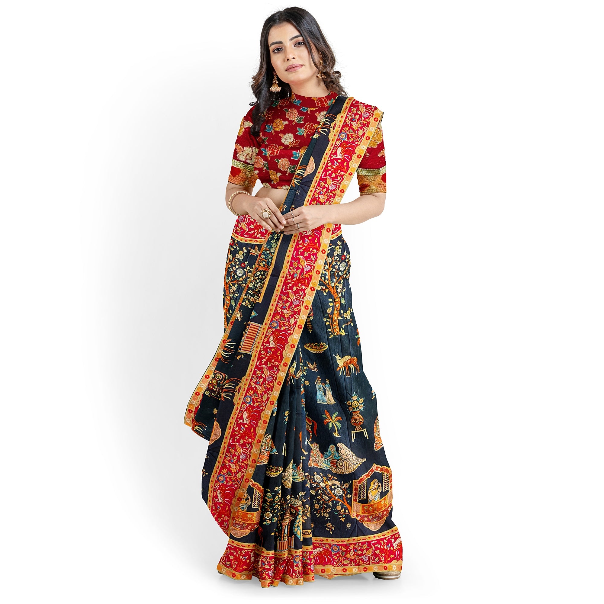 Mughal Work Saree with Animal Border and Zari Work – Regal Traditional Saree Online