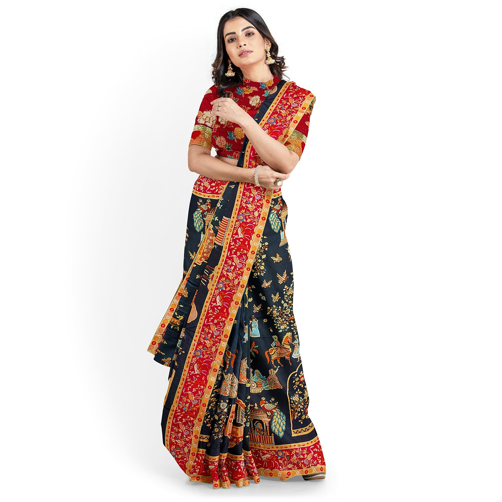 Mughal Work Saree with Animal Border and Zari Work – Regal Traditional Saree Online