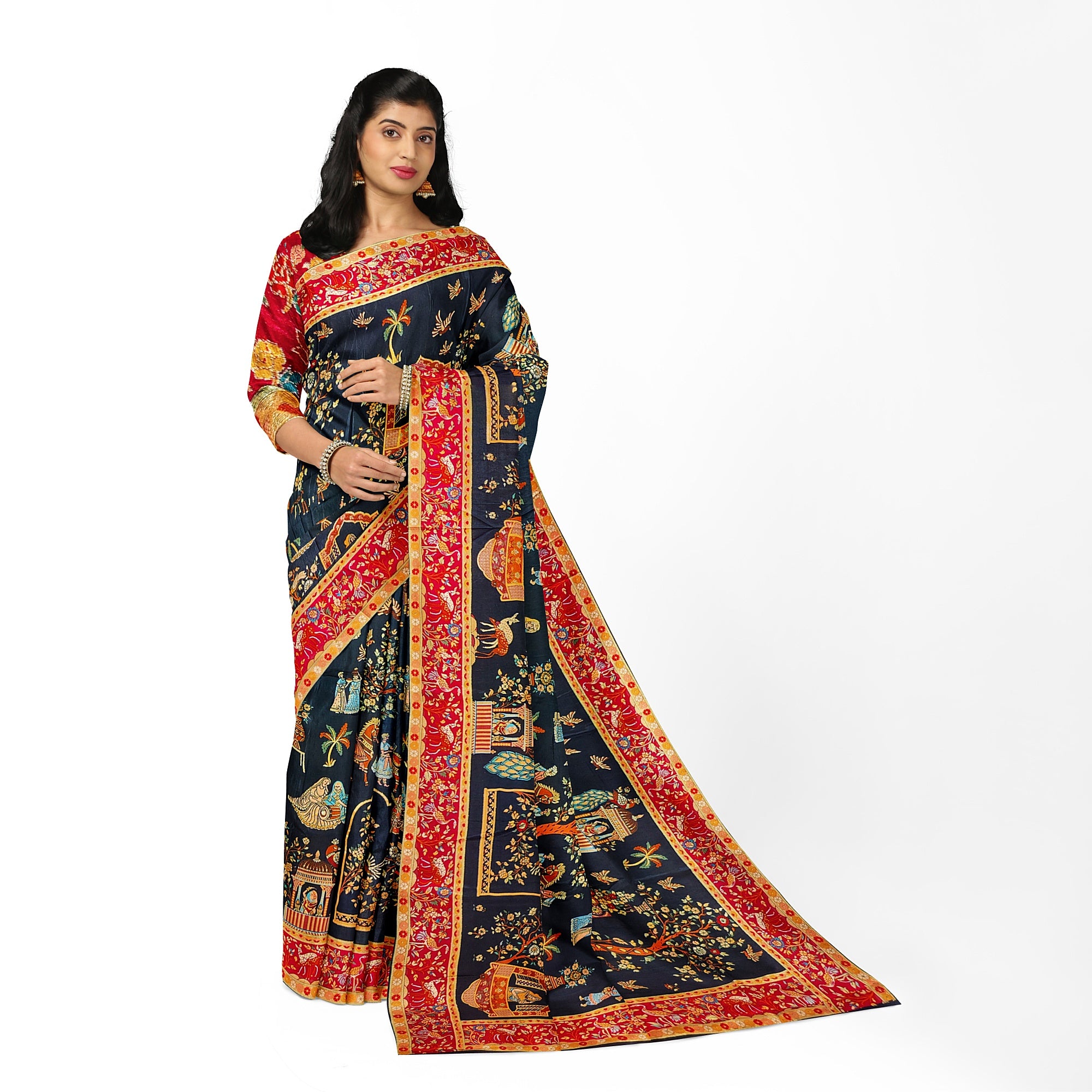 Mughal Work Saree with Animal Border and Zari Work – Regal Traditional Saree Online