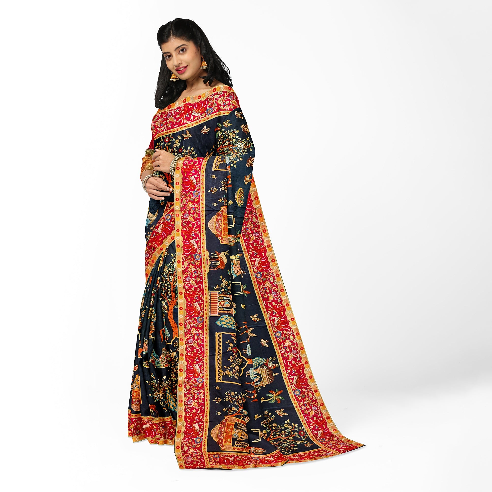 Mughal Work Saree with Animal Border and Zari Work – Regal Traditional Saree Online