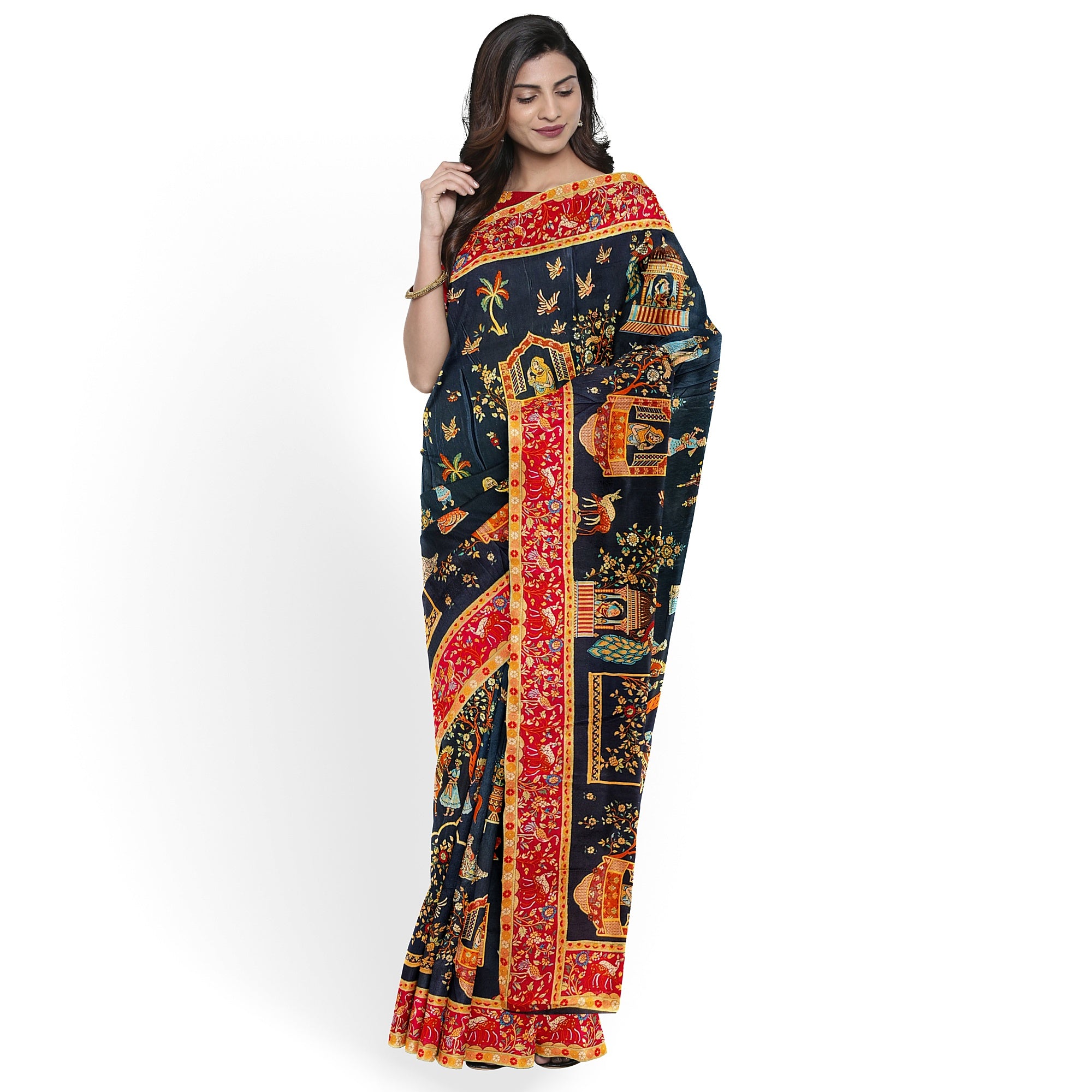 Mughal Work Saree with Animal Border and Zari Work – Regal Traditional Saree Online