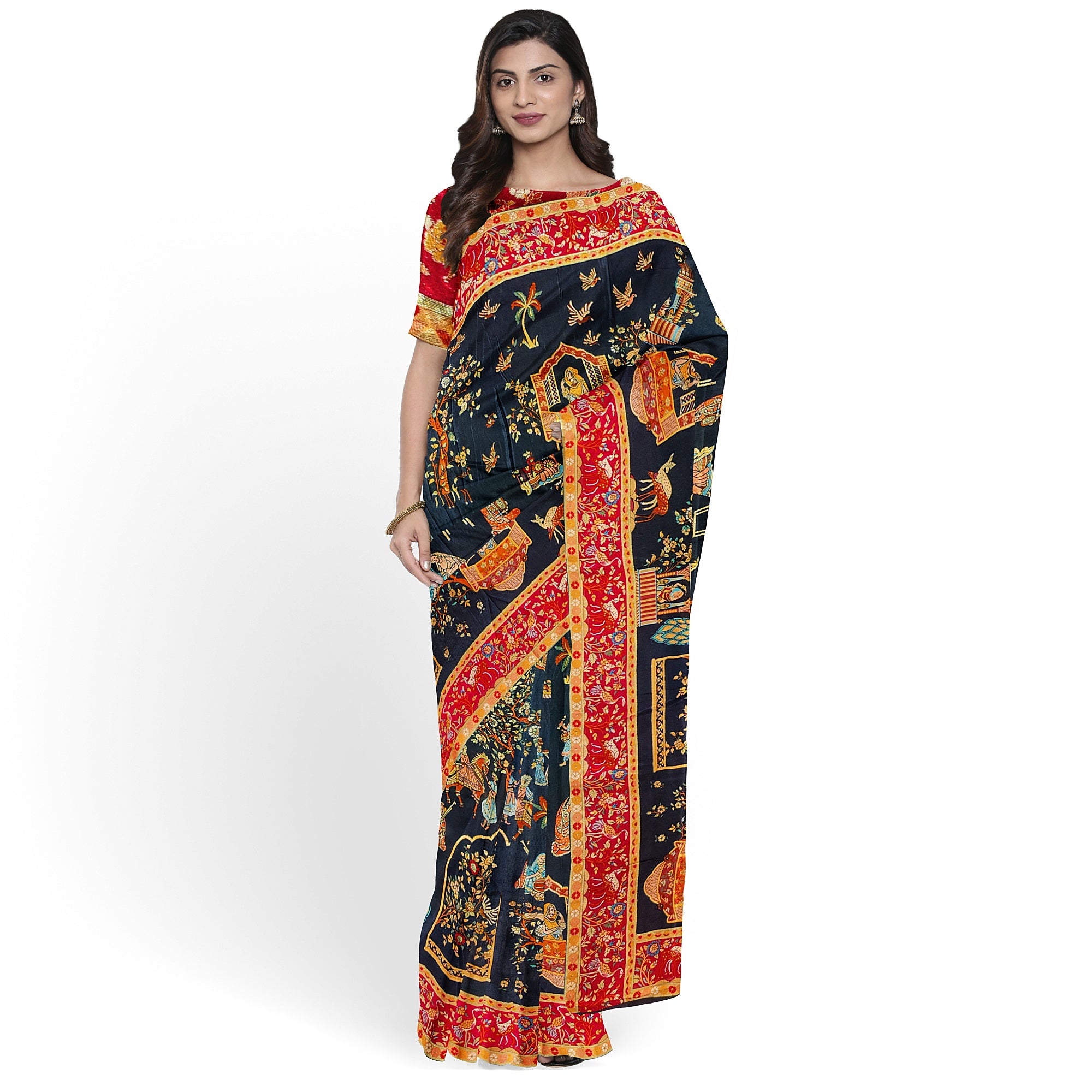 Mughal Work Saree with Animal Border and Zari Work – Regal Traditional Saree Online