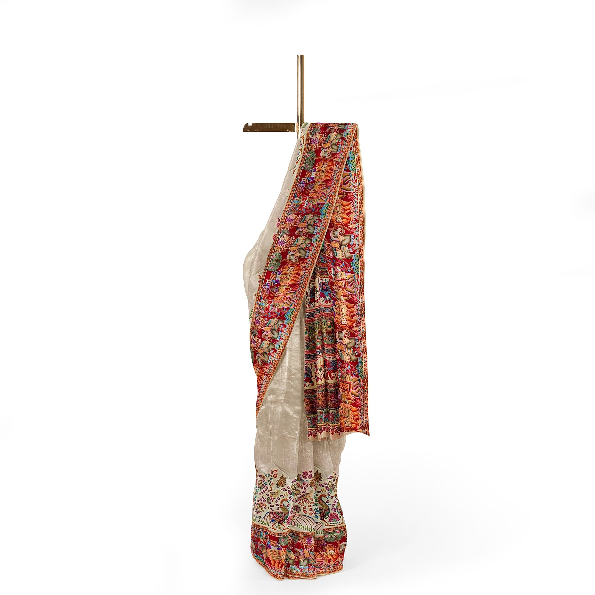 Cream Saree with Animal Border and Full Embroidery Work – Elegant Designer Saree Online