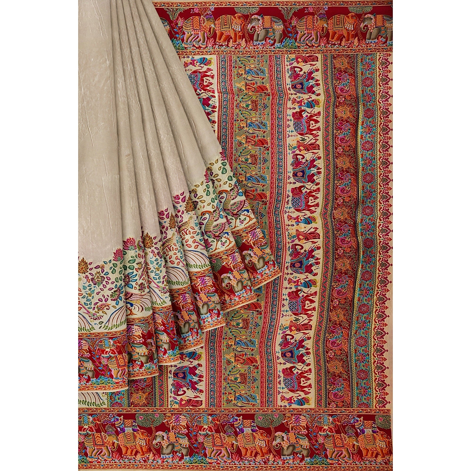 Cream Saree with Animal Border and Full Embroidery Work – Elegant Designer Saree Online