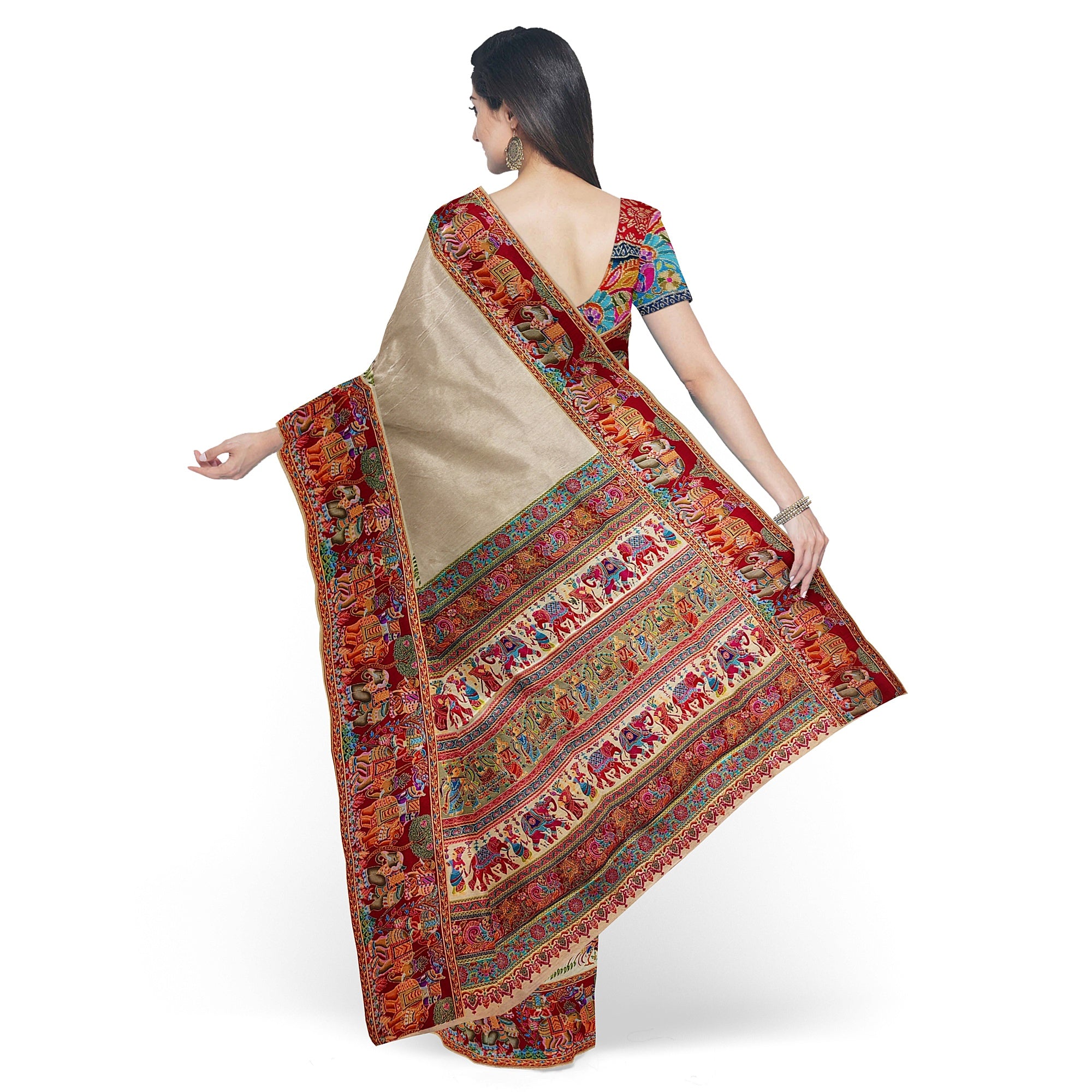 Cream Saree with Animal Border and Full Embroidery Work – Elegant Designer Saree Online