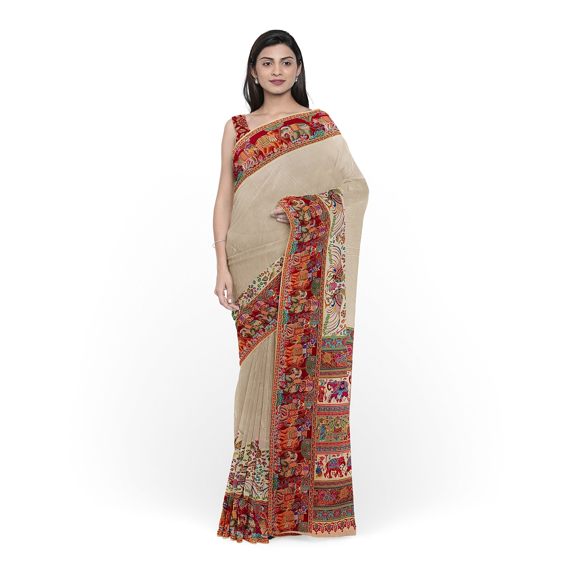 Cream Saree with Animal Border and Full Embroidery Work – Elegant Designer Saree Online