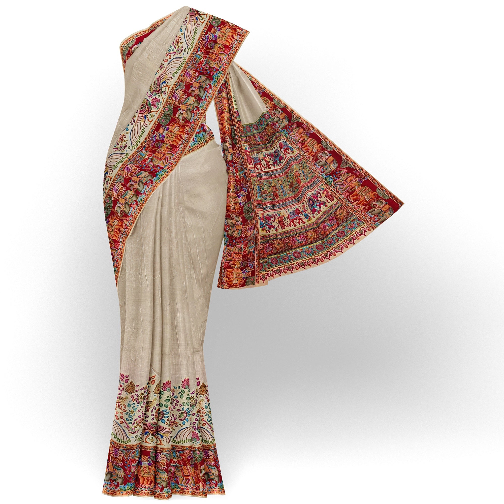 Cream Saree with Animal Border and Full Embroidery Work – Elegant Designer Saree Online