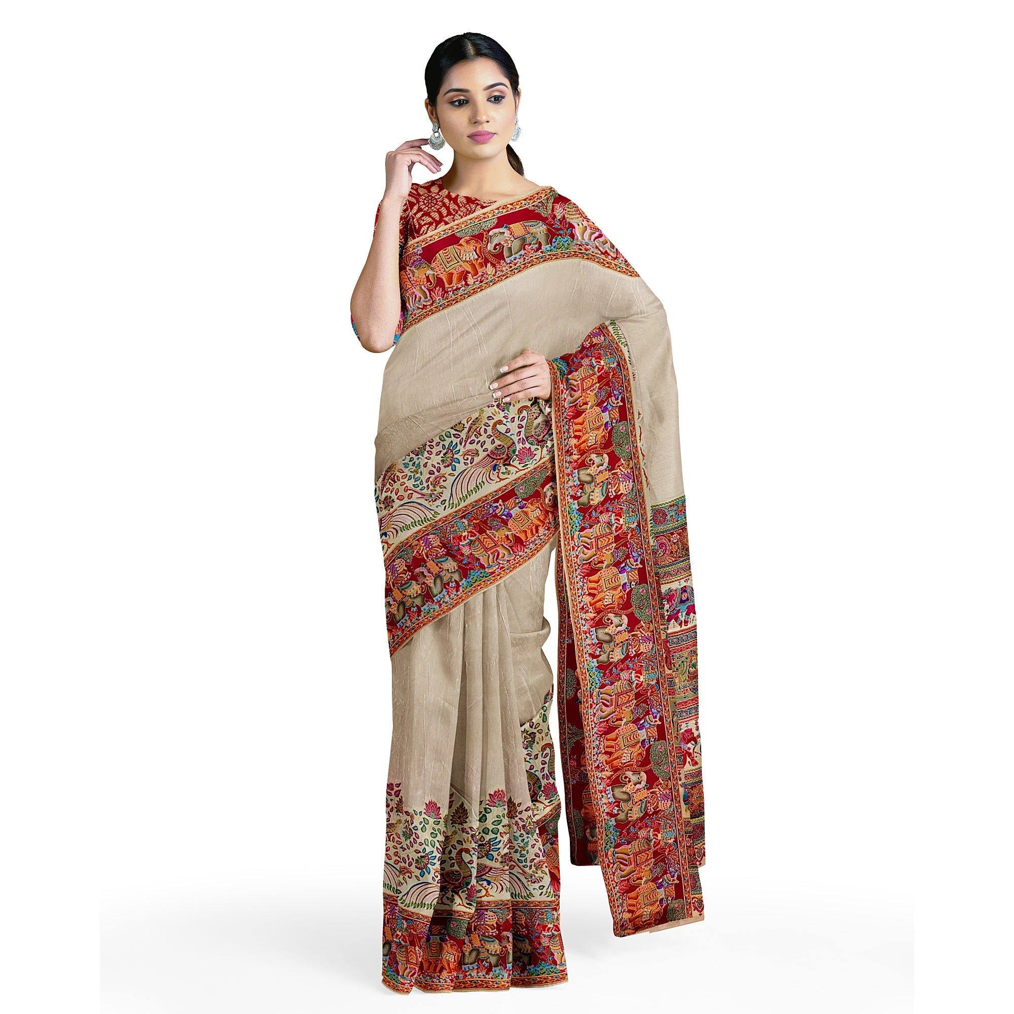 Cream Saree with Animal Border and Full Embroidery Work – Elegant Designer Saree Online