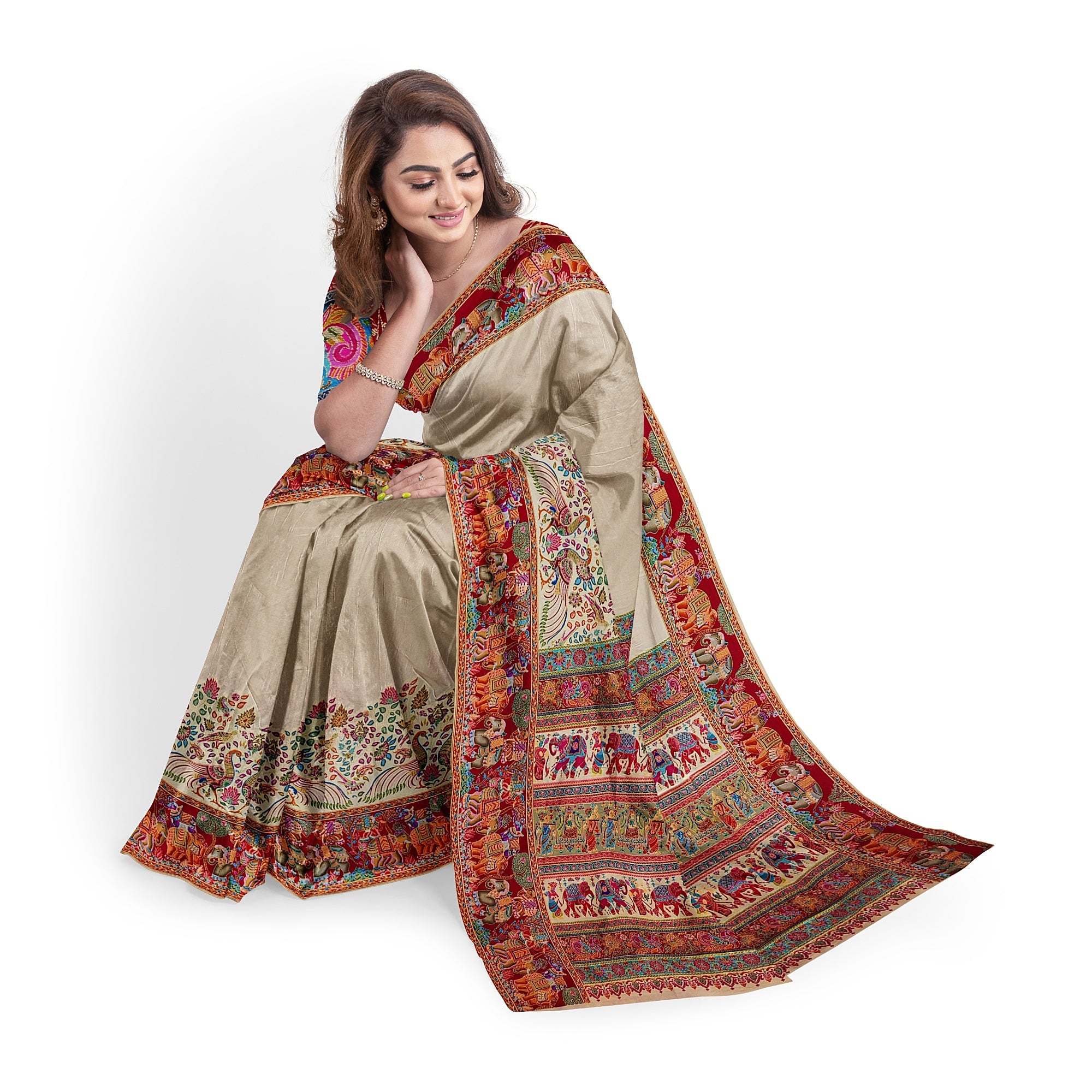 Cream Saree with Animal Border and Full Embroidery Work – Elegant Designer Saree Online