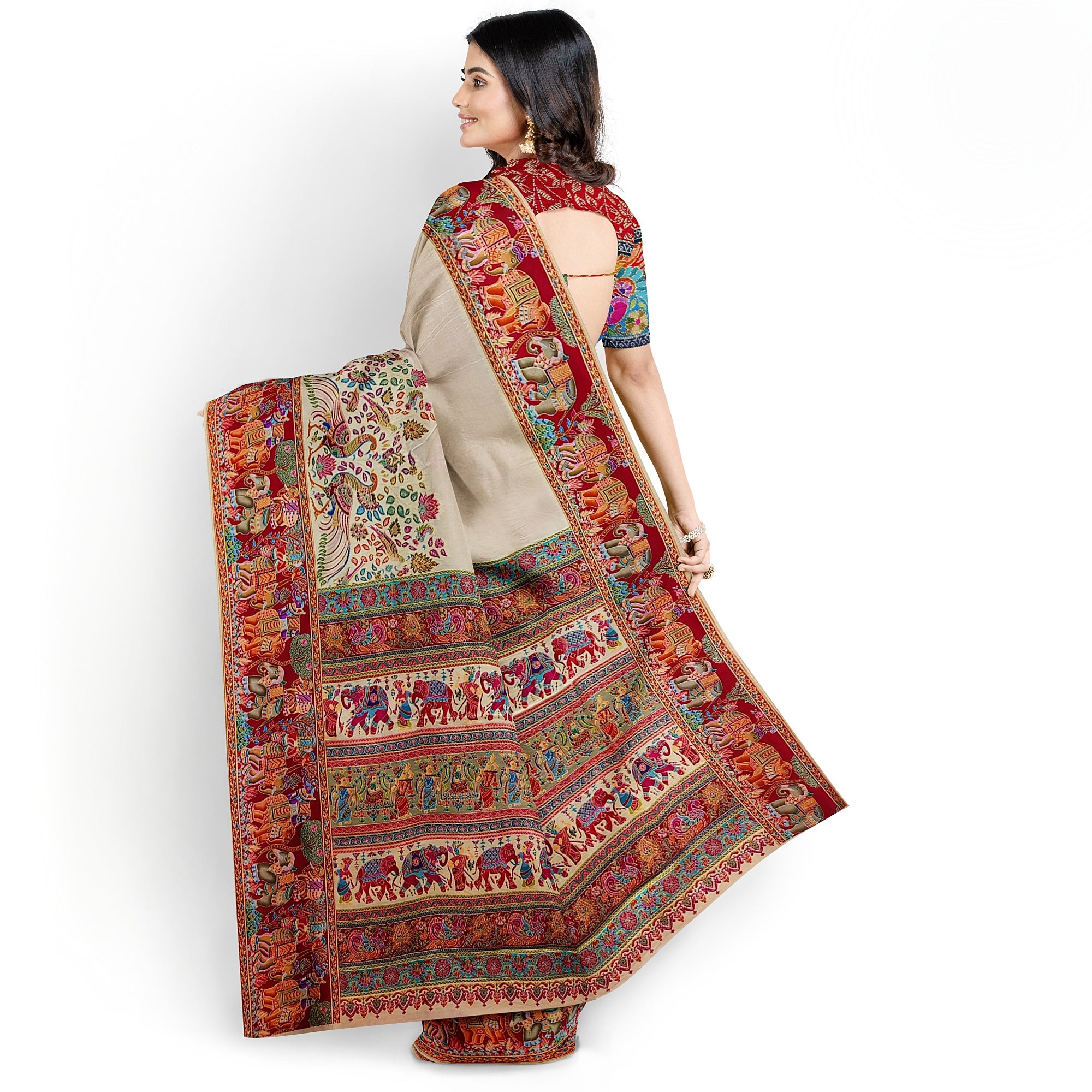 Cream Saree with Animal Border and Full Embroidery Work – Elegant Designer Saree Online