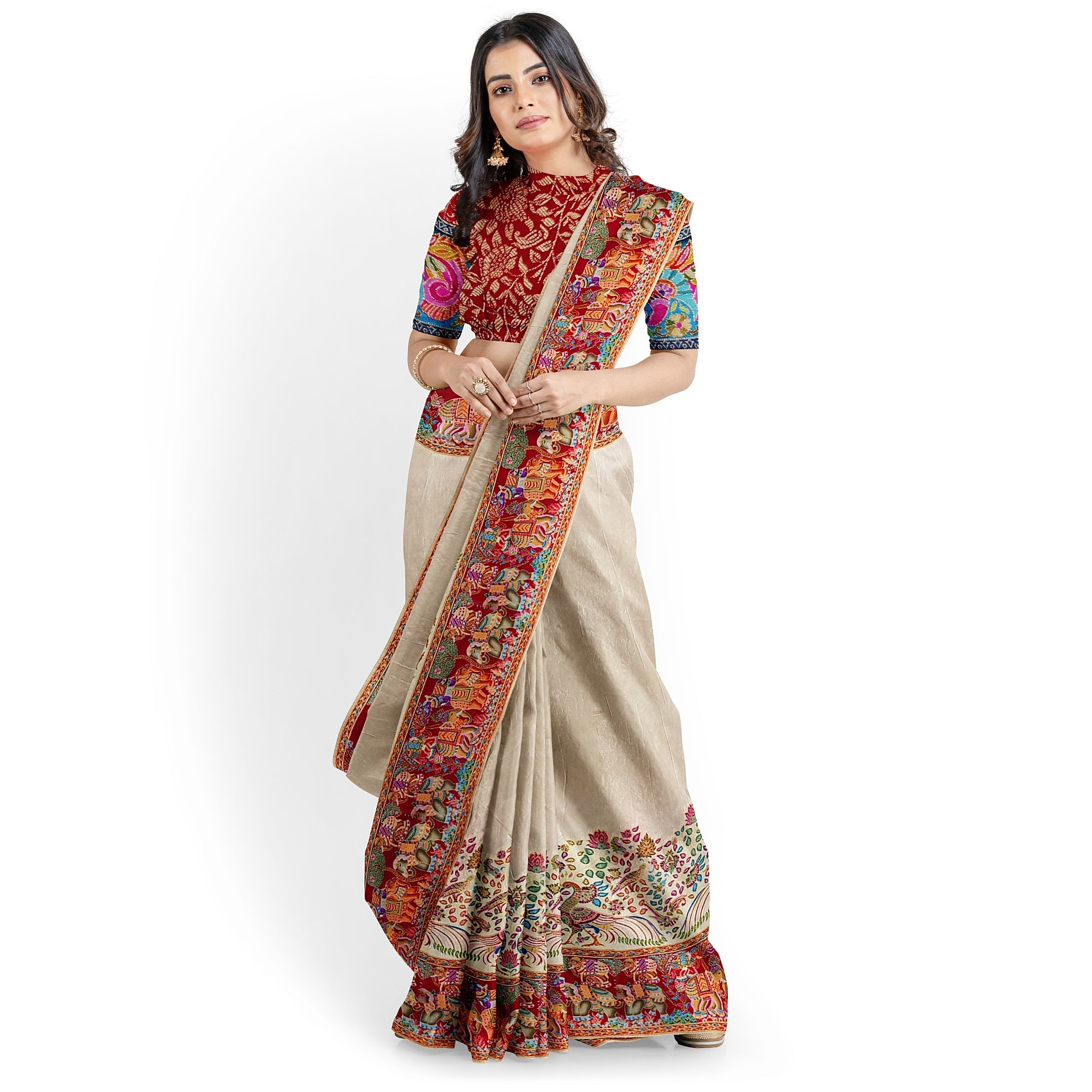 Cream Saree with Animal Border and Full Embroidery Work – Elegant Designer Saree Online