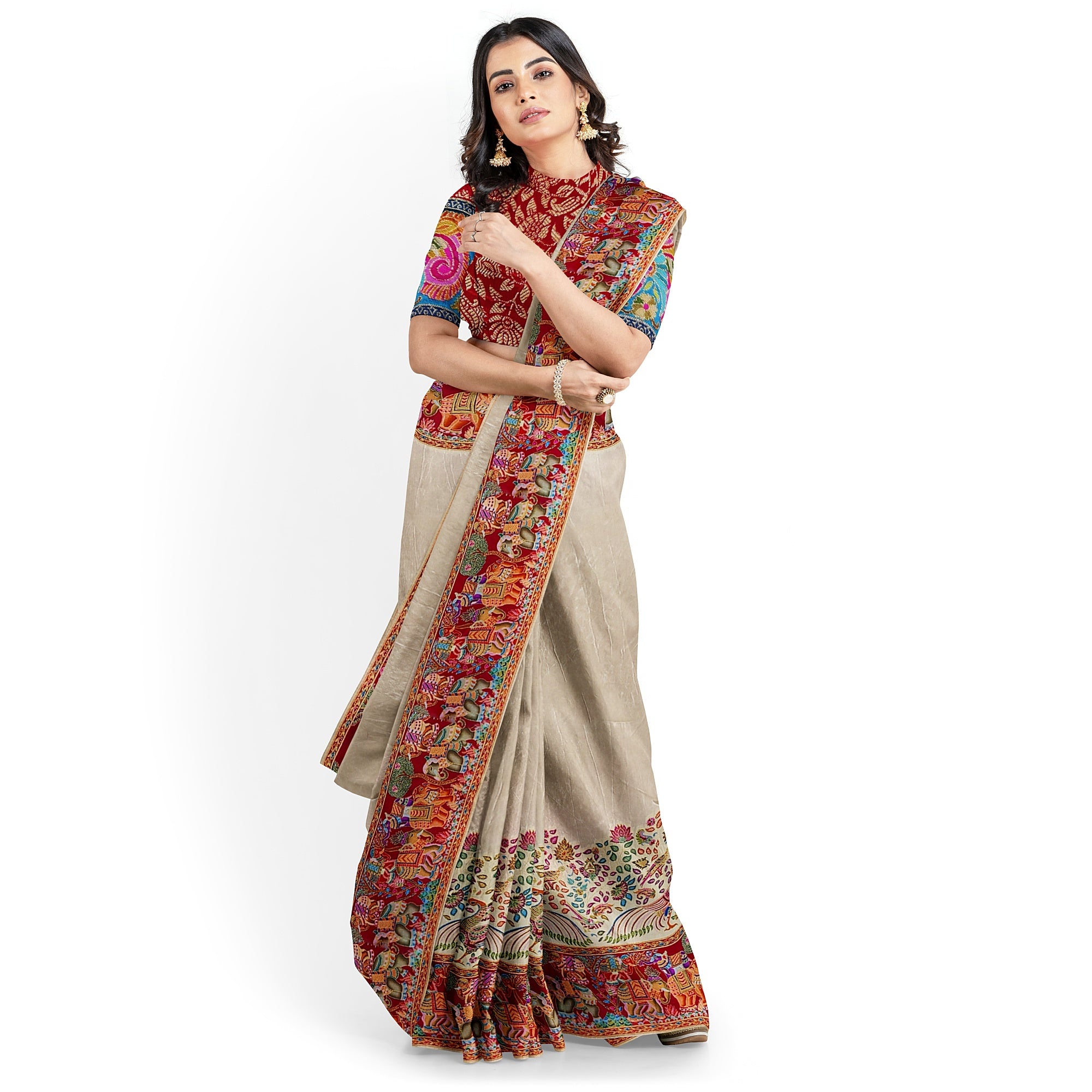 Cream Saree with Animal Border and Full Embroidery Work – Elegant Designer Saree Online