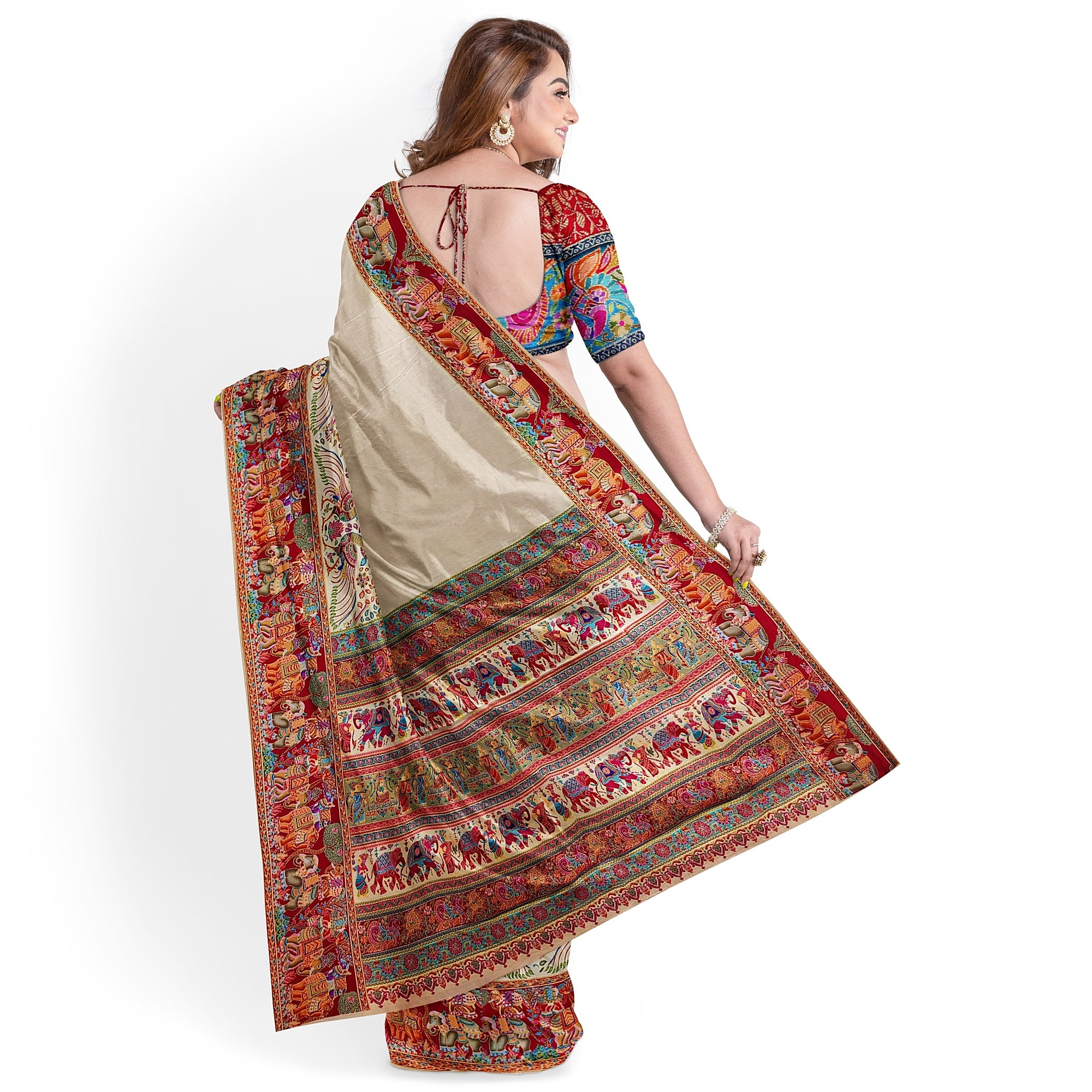 Cream Saree with Animal Border and Full Embroidery Work – Elegant Designer Saree Online
