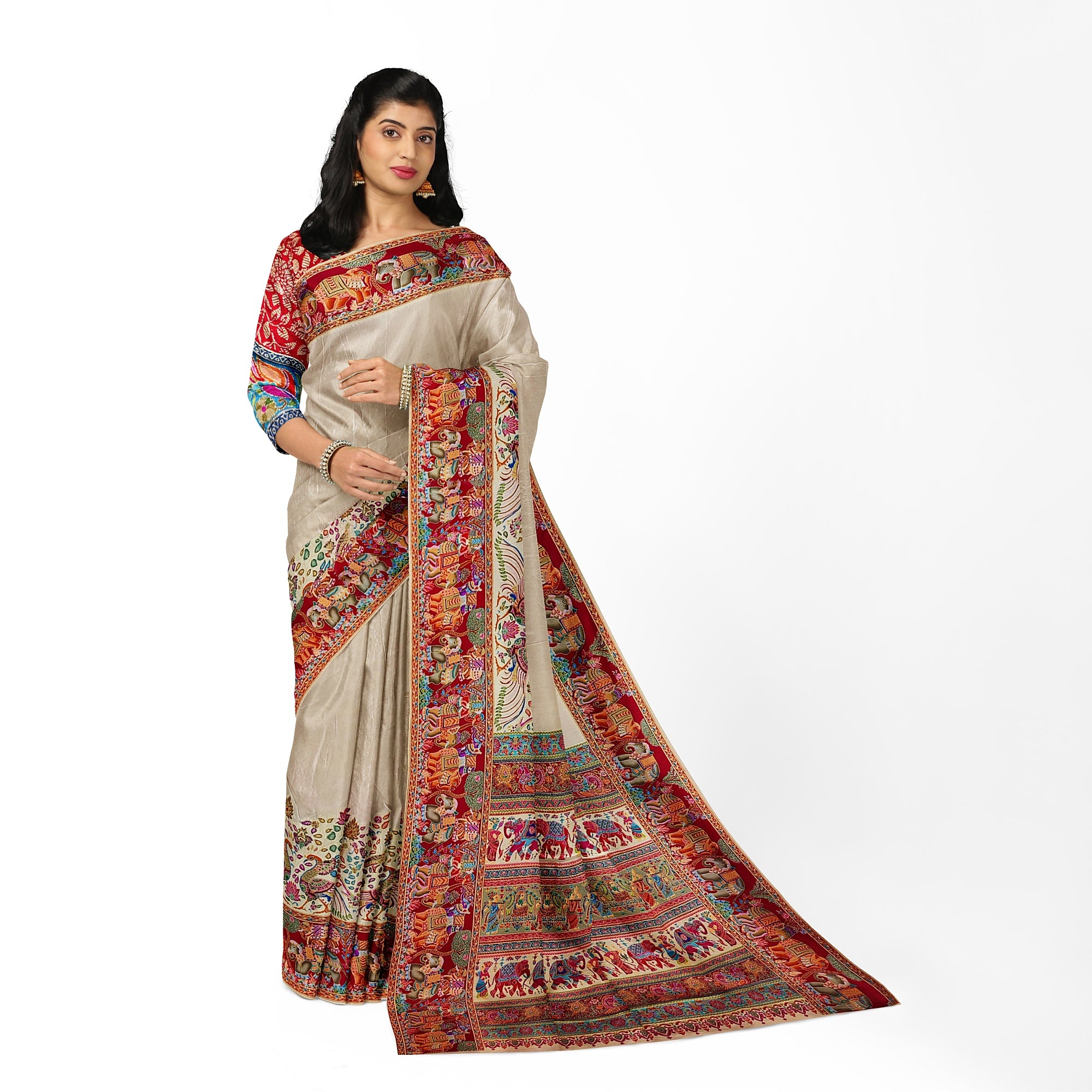 Cream Saree with Animal Border and Full Embroidery Work – Elegant Designer Saree Online