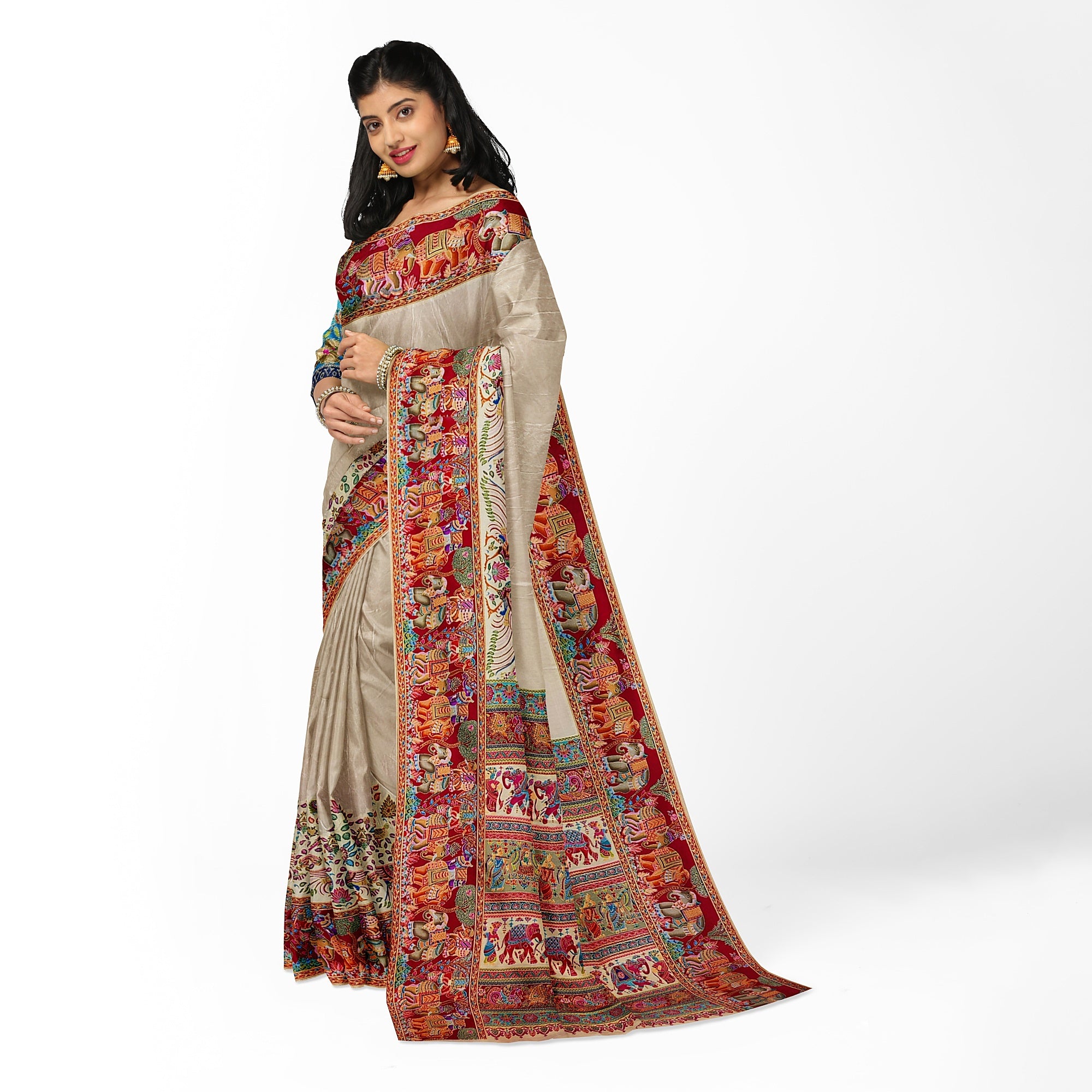 Cream Saree with Animal Border and Full Embroidery Work – Elegant Designer Saree Online