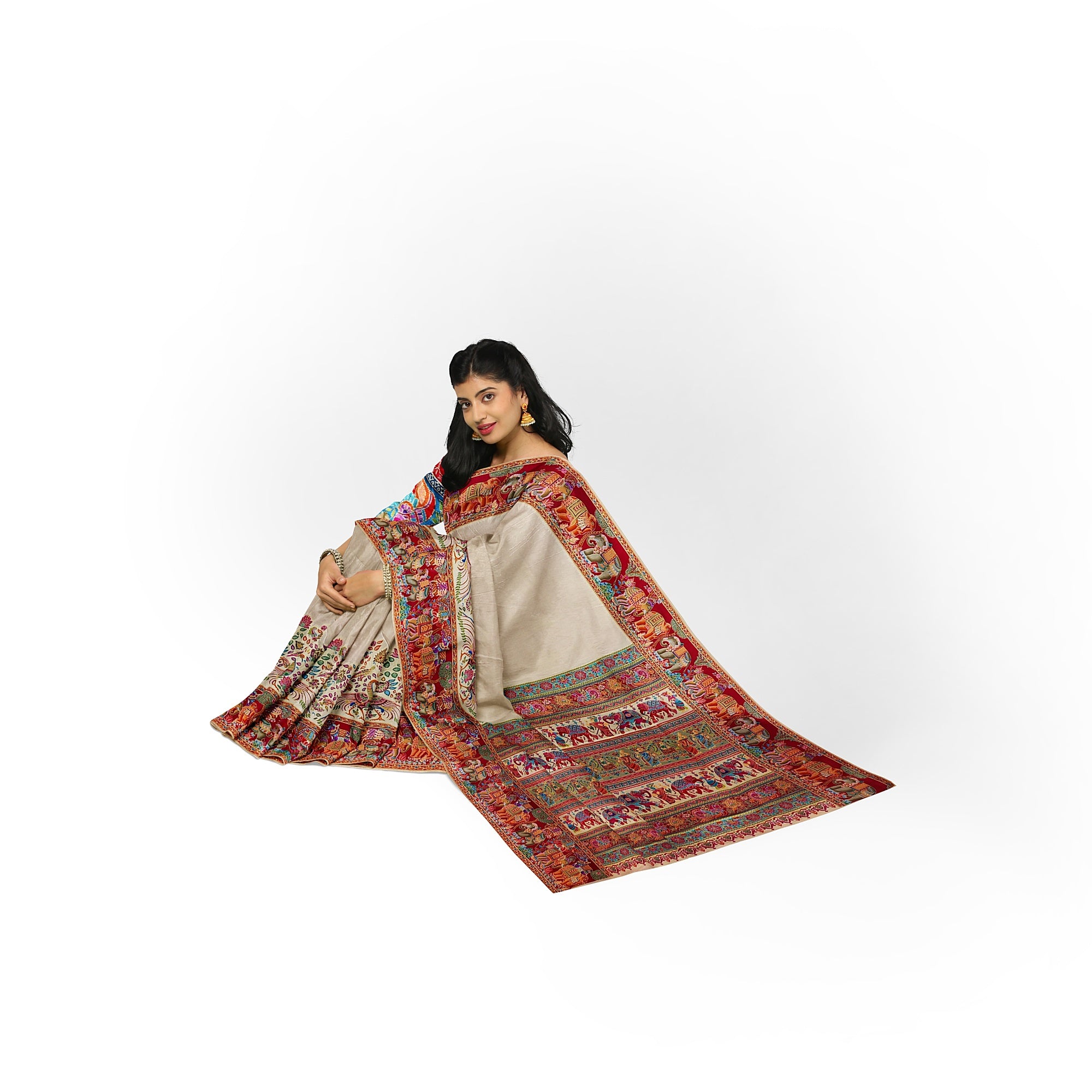 Cream Saree with Animal Border and Full Embroidery Work – Elegant Designer Saree Online