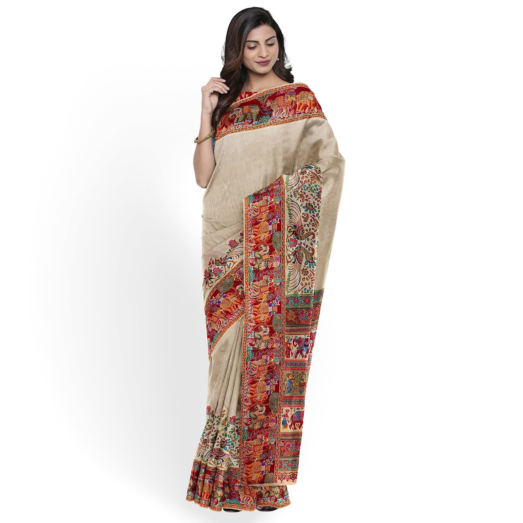 Cream Saree with Animal Border and Full Embroidery Work – Elegant Designer Saree Online