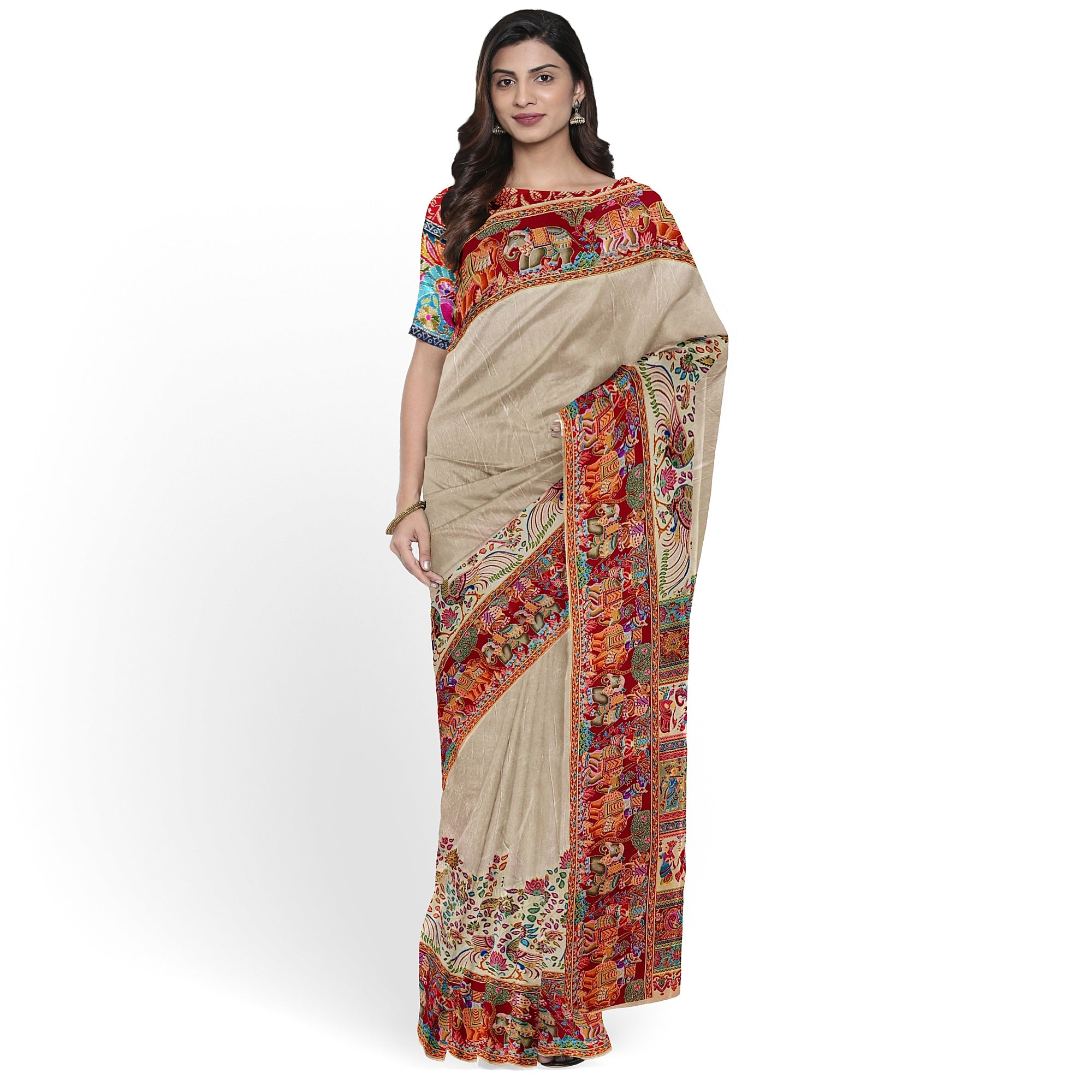 Cream Saree with Animal Border and Full Embroidery Work – Elegant Designer Saree Online