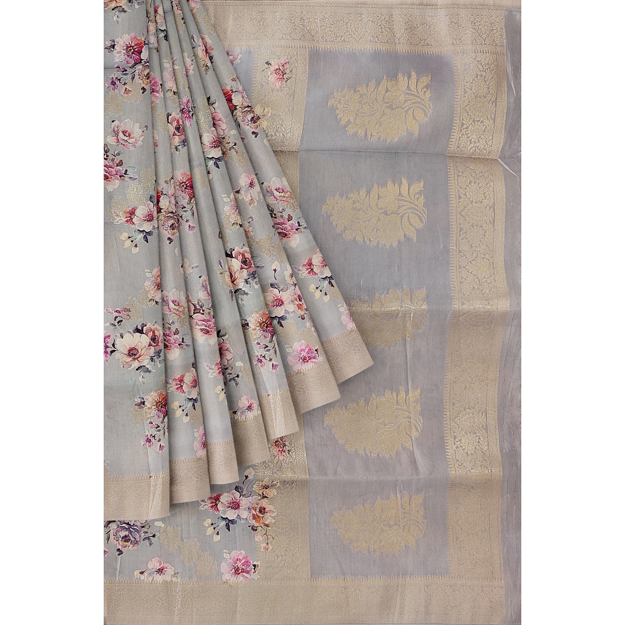 Grey Raw Silk Saree – Floral Fancy Work & Silver Border – Shop Online