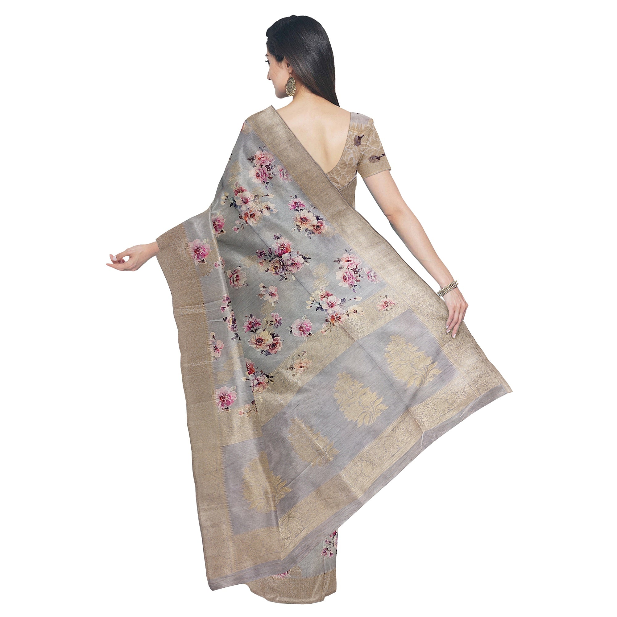 Grey Raw Silk Saree – Floral Fancy Work & Silver Border – Shop Online