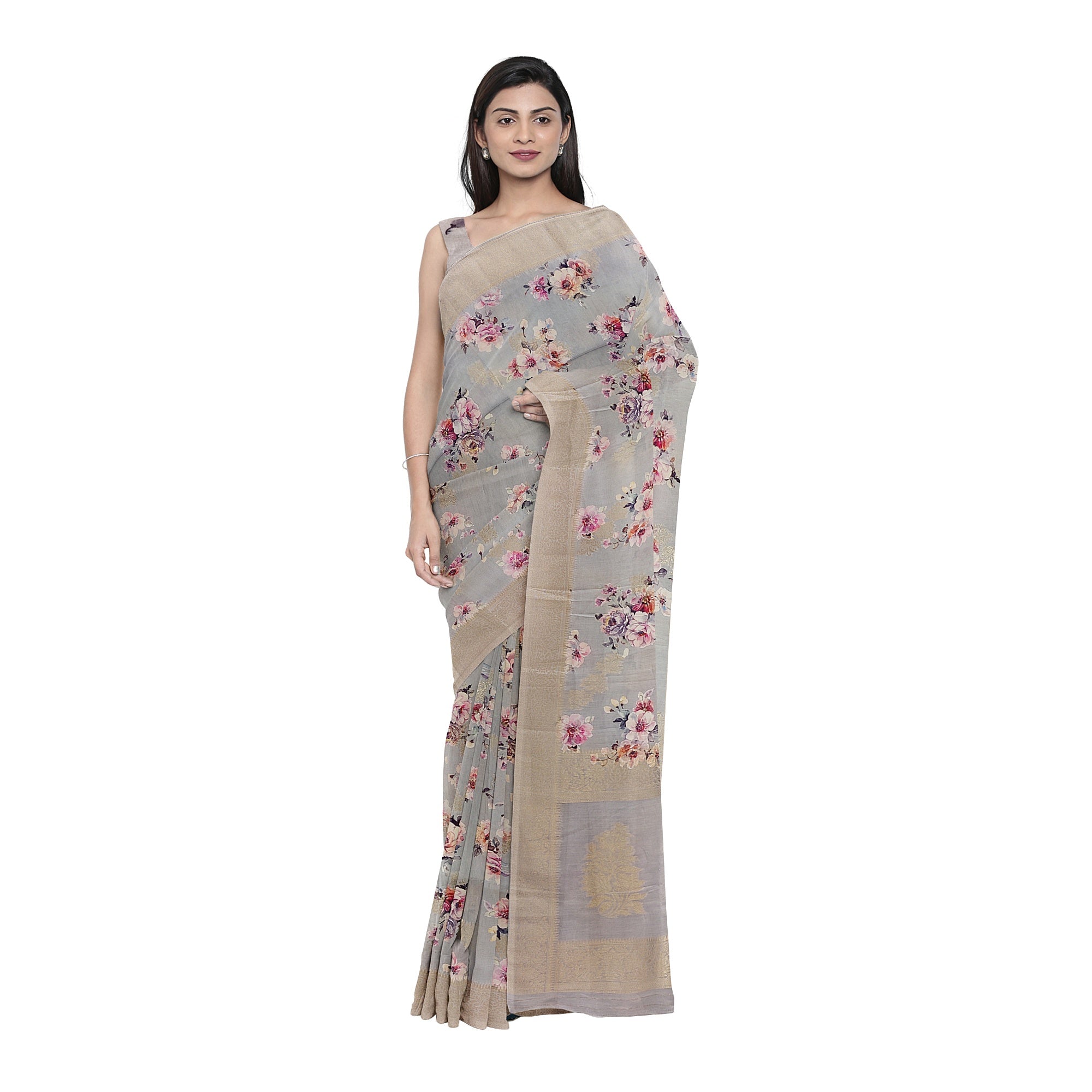 Grey Raw Silk Saree – Floral Fancy Work & Silver Border – Shop Online