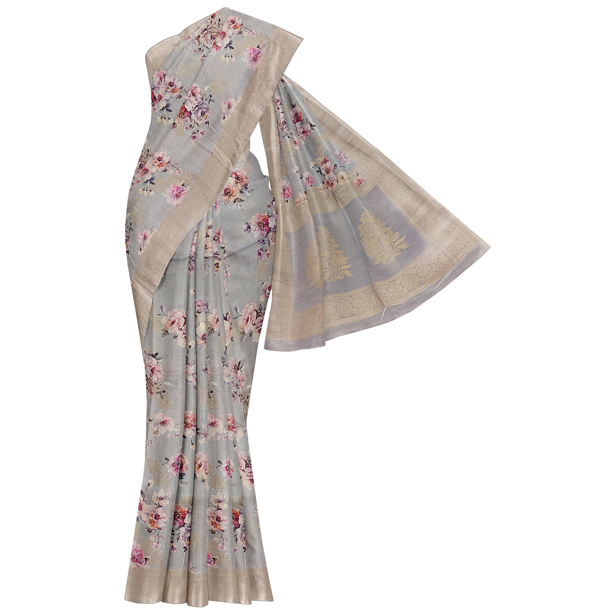 Grey Raw Silk Saree – Floral Fancy Work & Silver Border – Shop Online