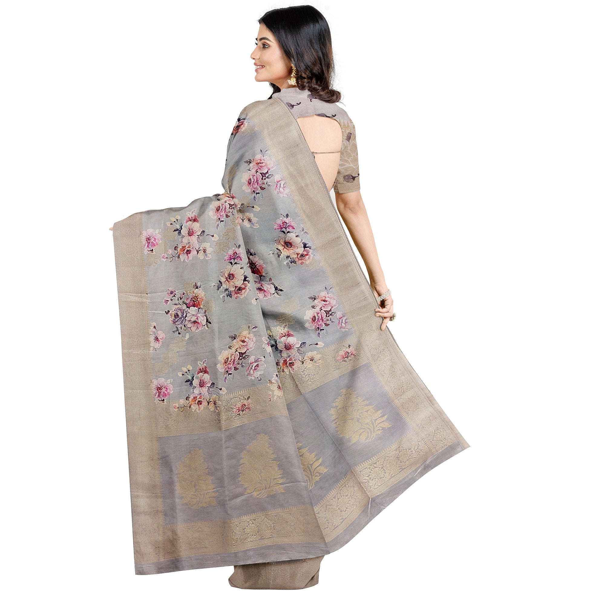 Grey Raw Silk Saree – Floral Fancy Work & Silver Border – Shop Online