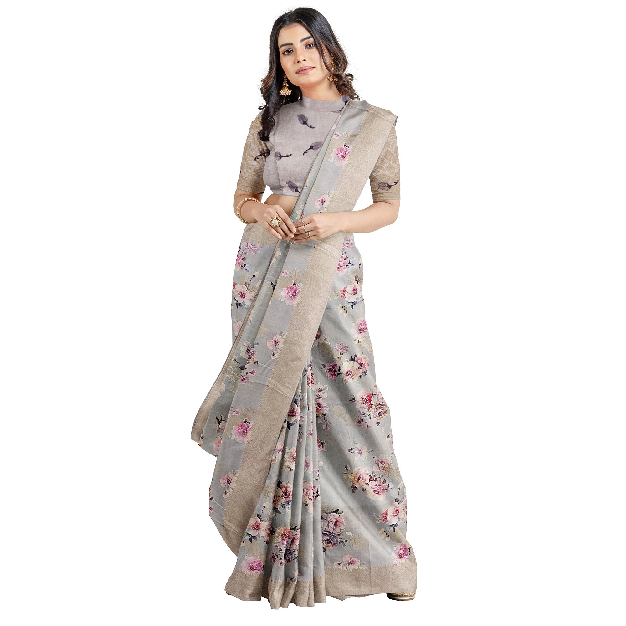 Grey Raw Silk Saree – Floral Fancy Work & Silver Border – Shop Online
