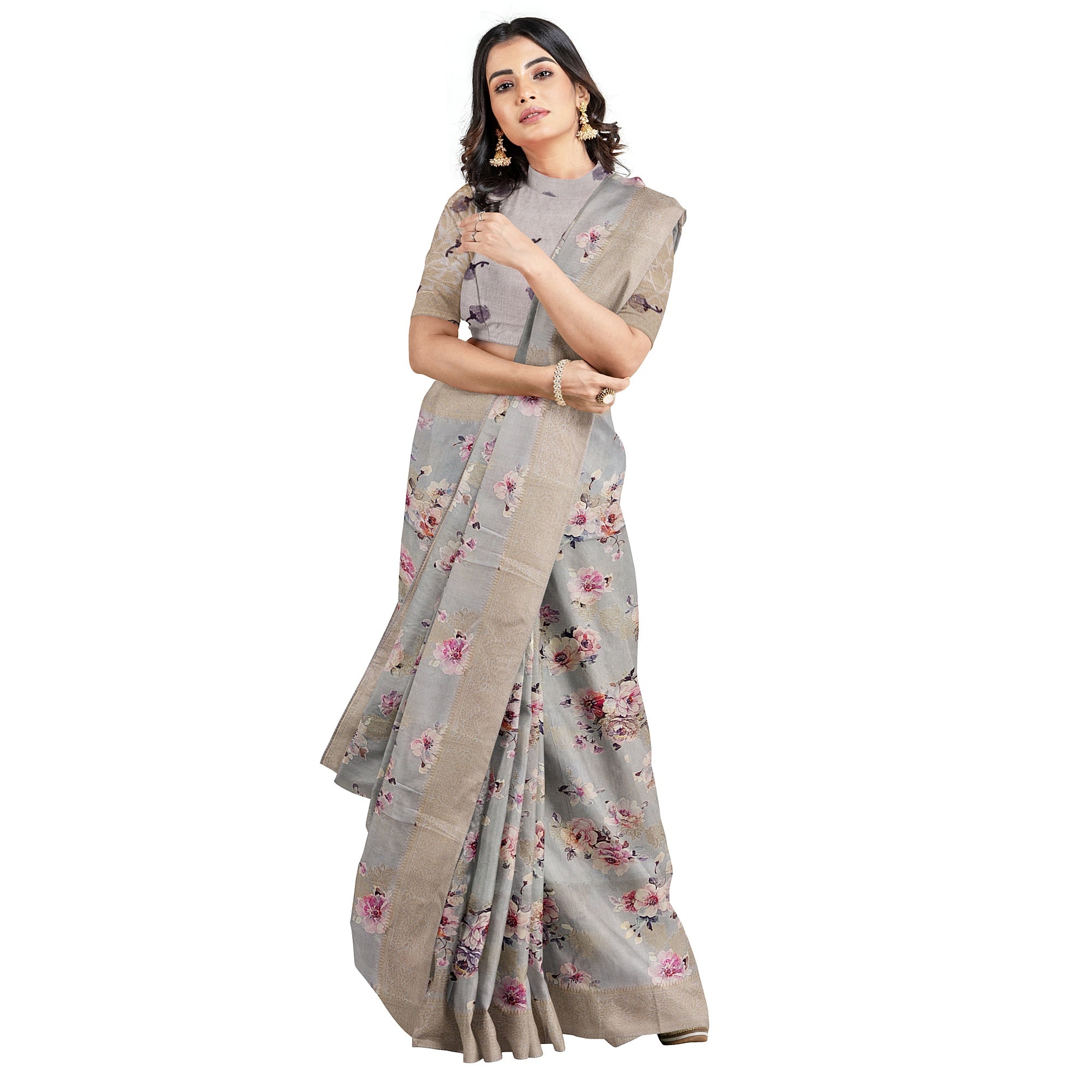 Grey Raw Silk Saree – Floral Fancy Work & Silver Border – Shop Online