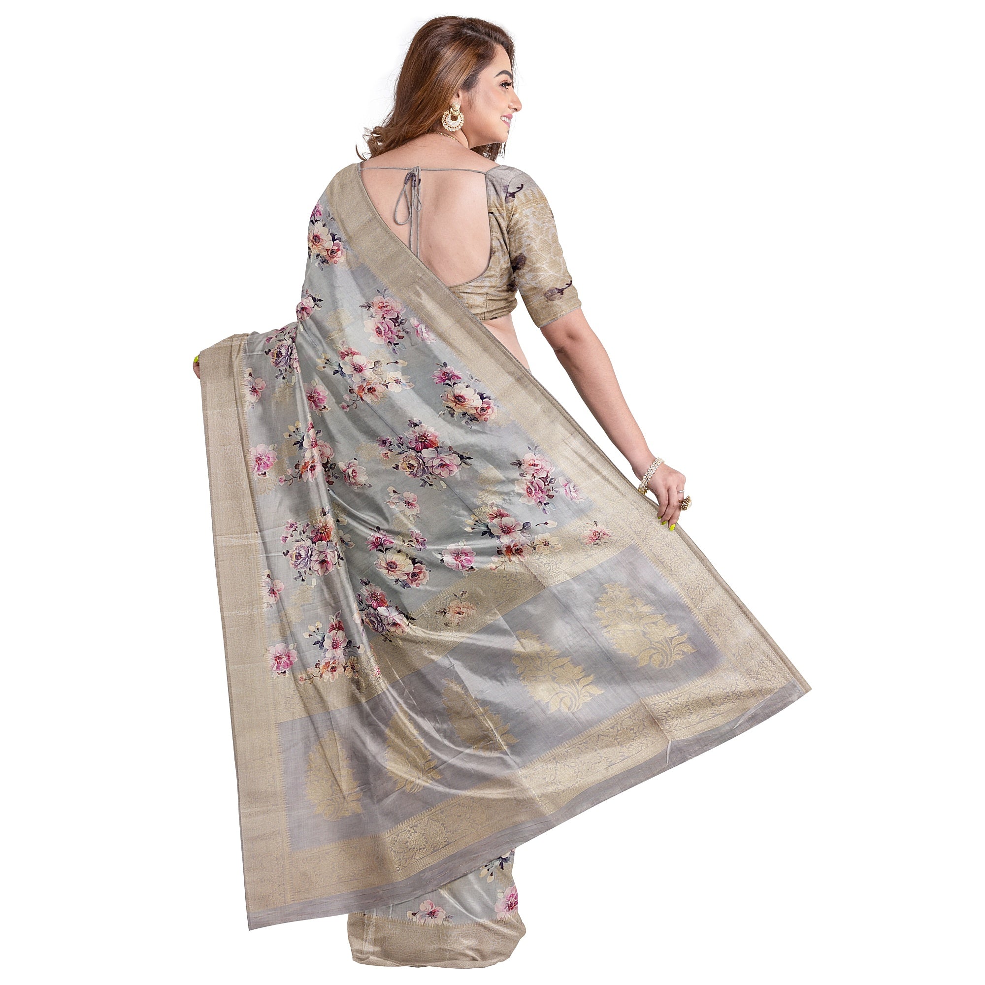 Grey Raw Silk Saree – Floral Fancy Work & Silver Border – Shop Online