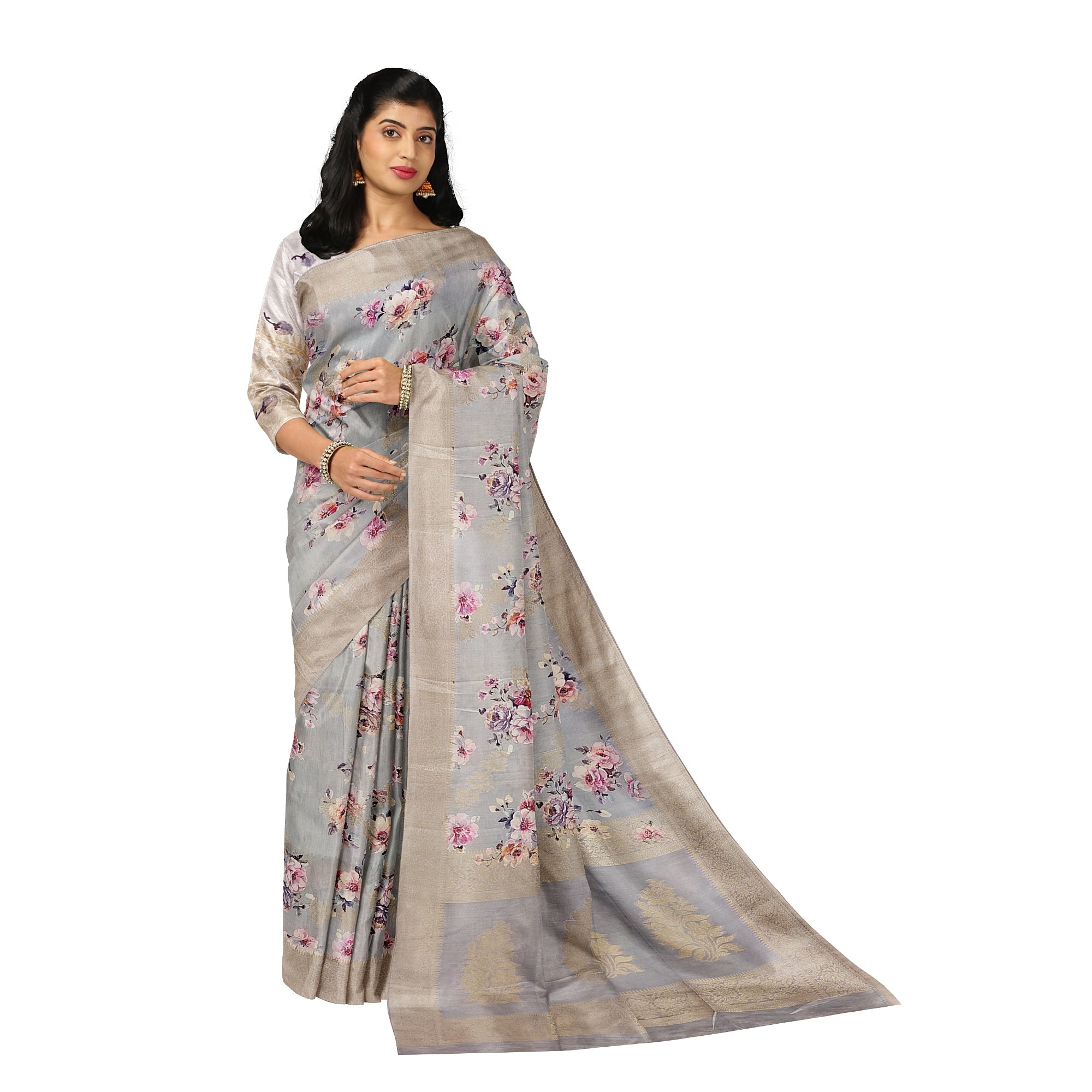 Grey Raw Silk Saree – Floral Fancy Work & Silver Border – Shop Online