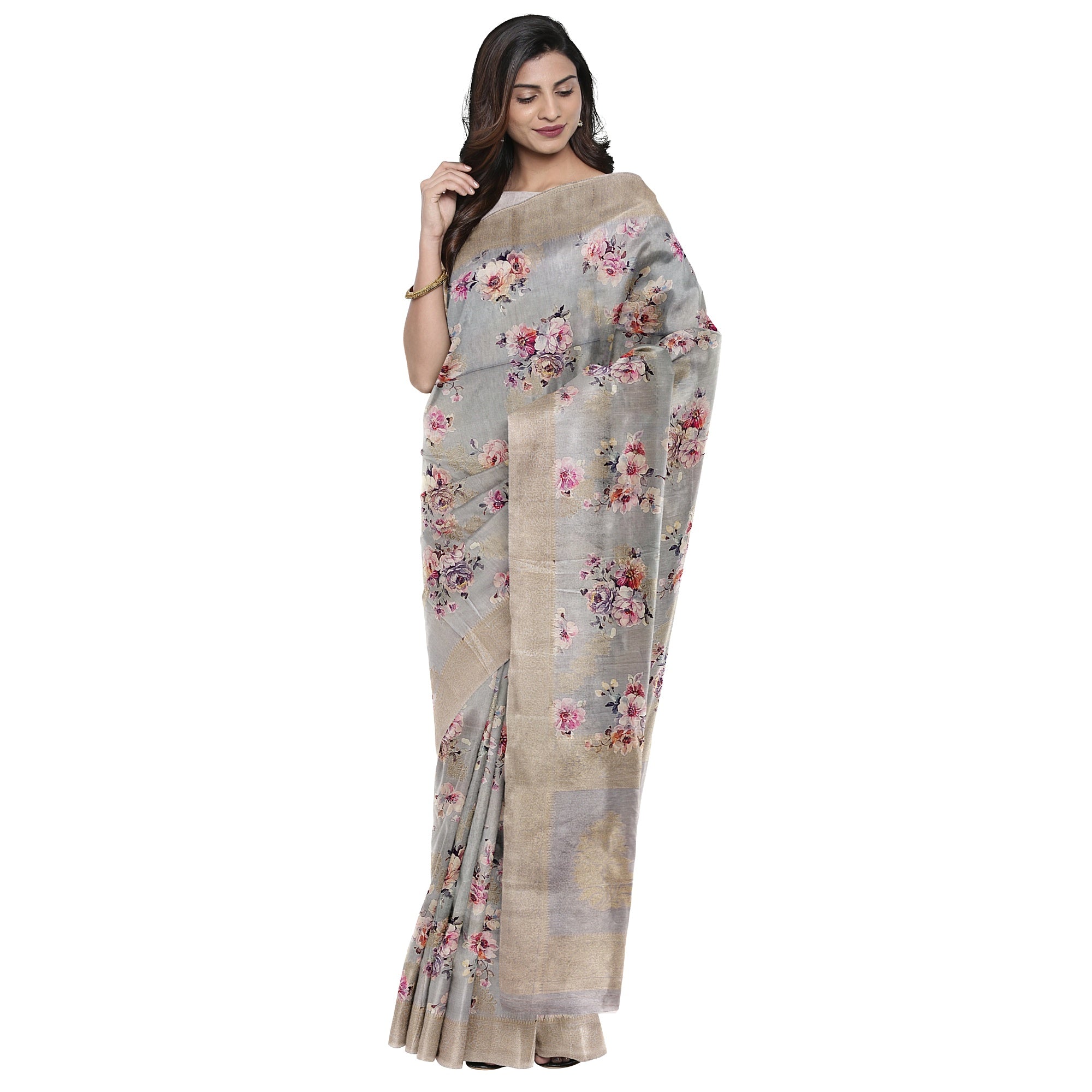Grey Raw Silk Saree – Floral Fancy Work & Silver Border – Shop Online