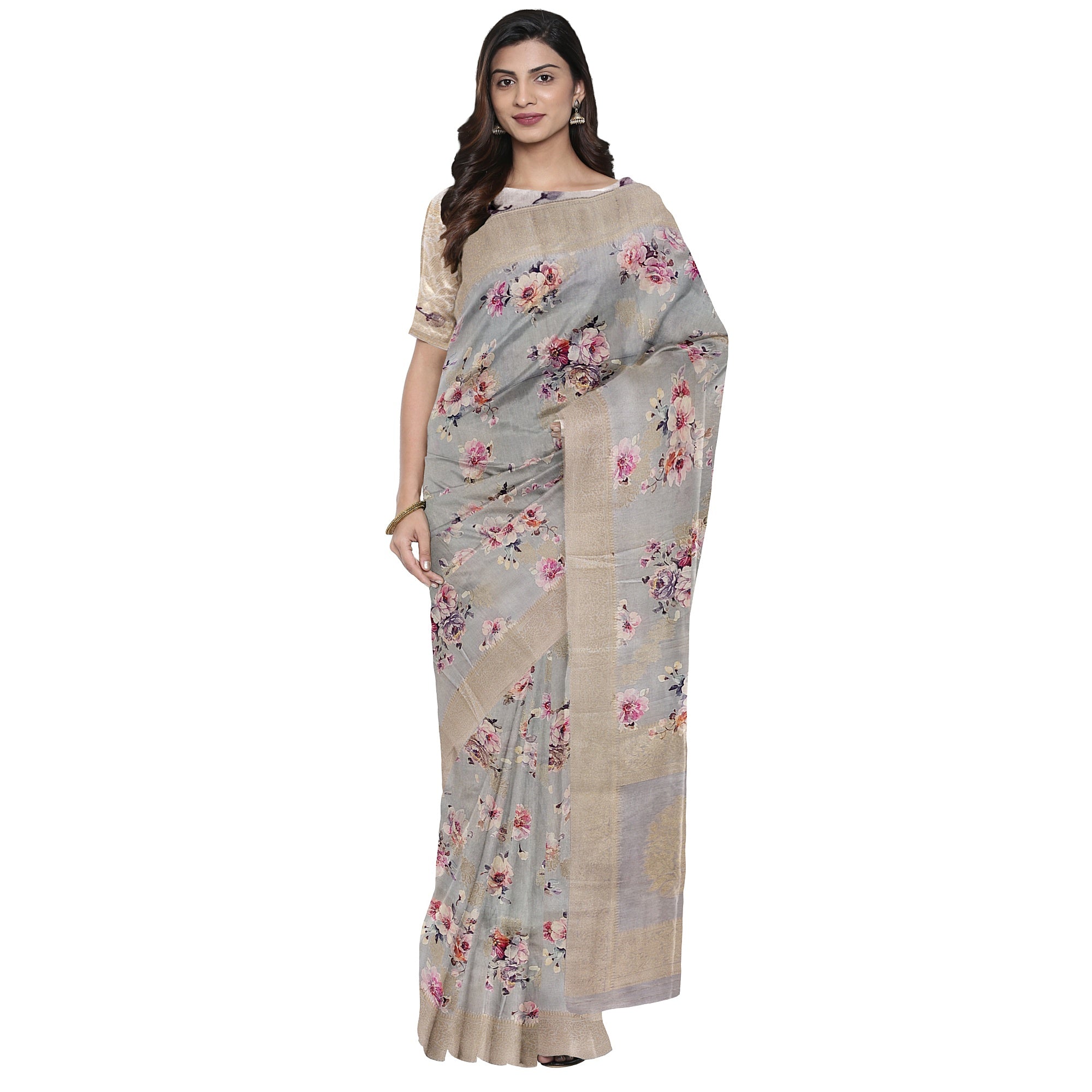 Grey Raw Silk Saree – Floral Fancy Work & Silver Border – Shop Online