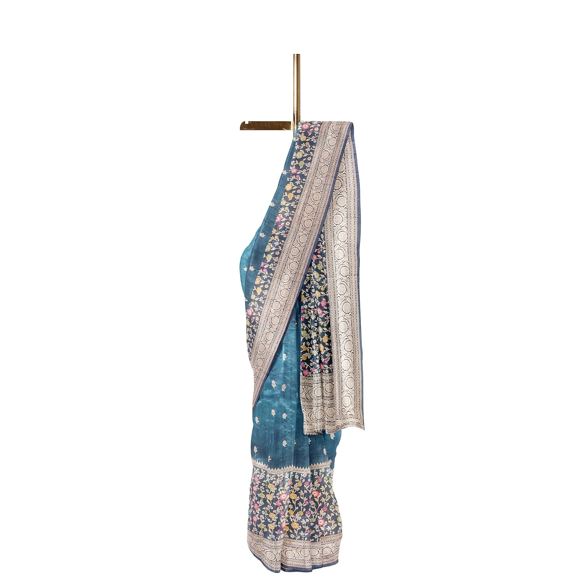 Green Raw Silk Saree – Floral Work & Tassels – Shop Online