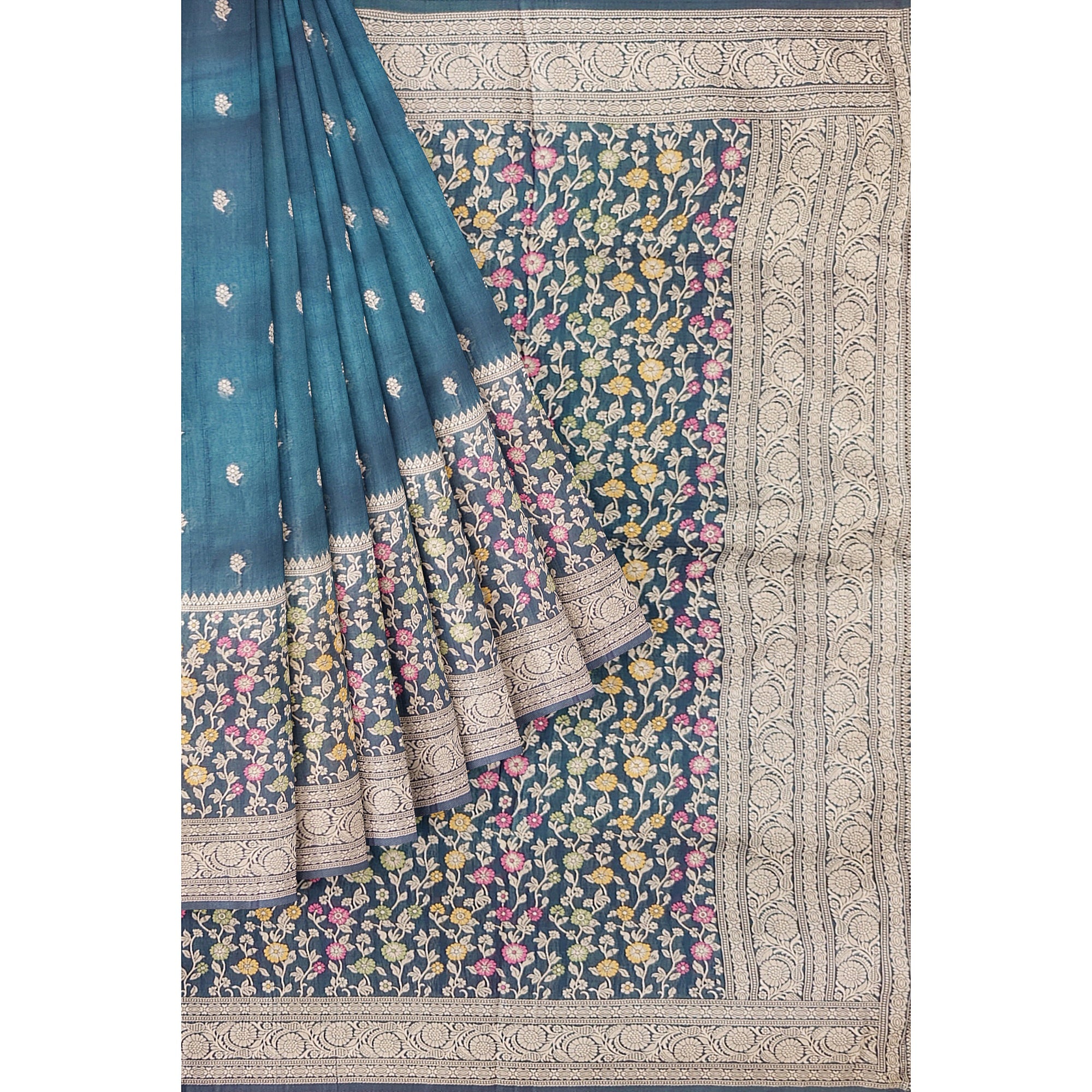 Green Raw Silk Saree – Floral Work & Tassels – Shop Online