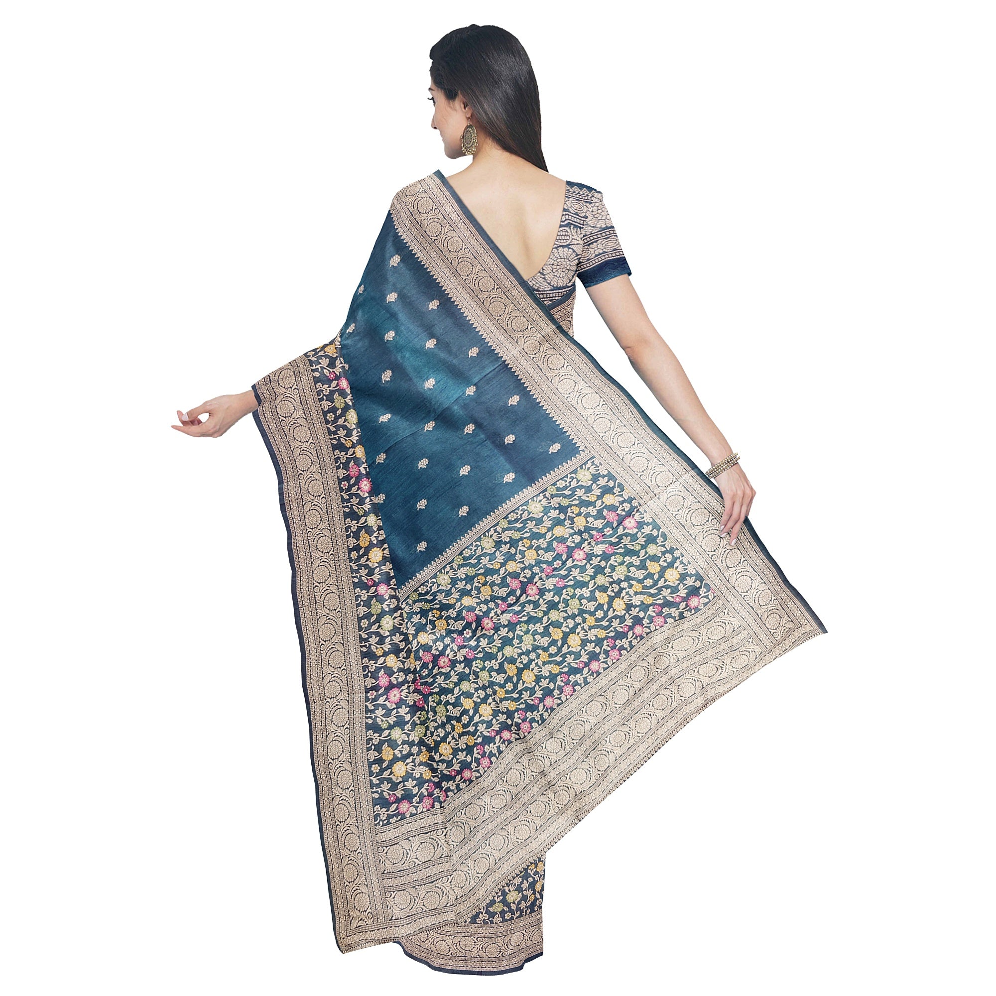 Green Raw Silk Saree – Floral Work & Tassels – Shop Online