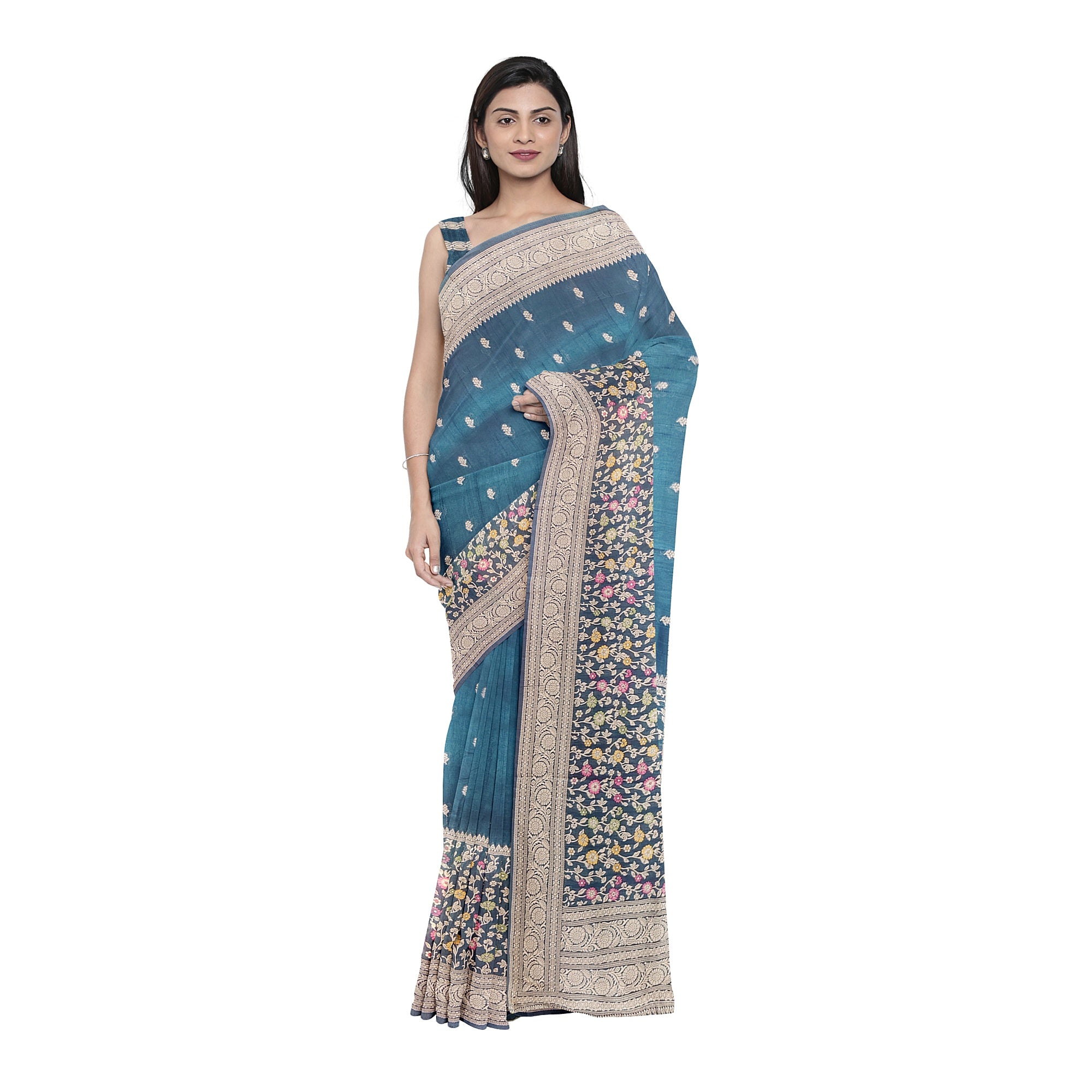 Green Raw Silk Saree – Floral Work & Tassels – Shop Online