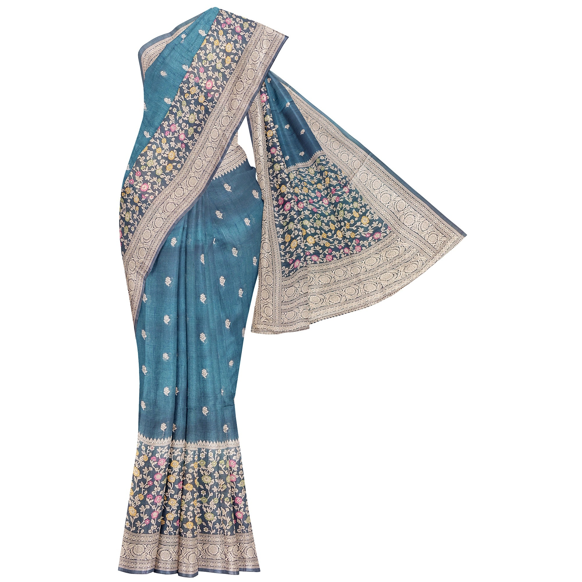 Green Raw Silk Saree – Floral Work & Tassels – Shop Online