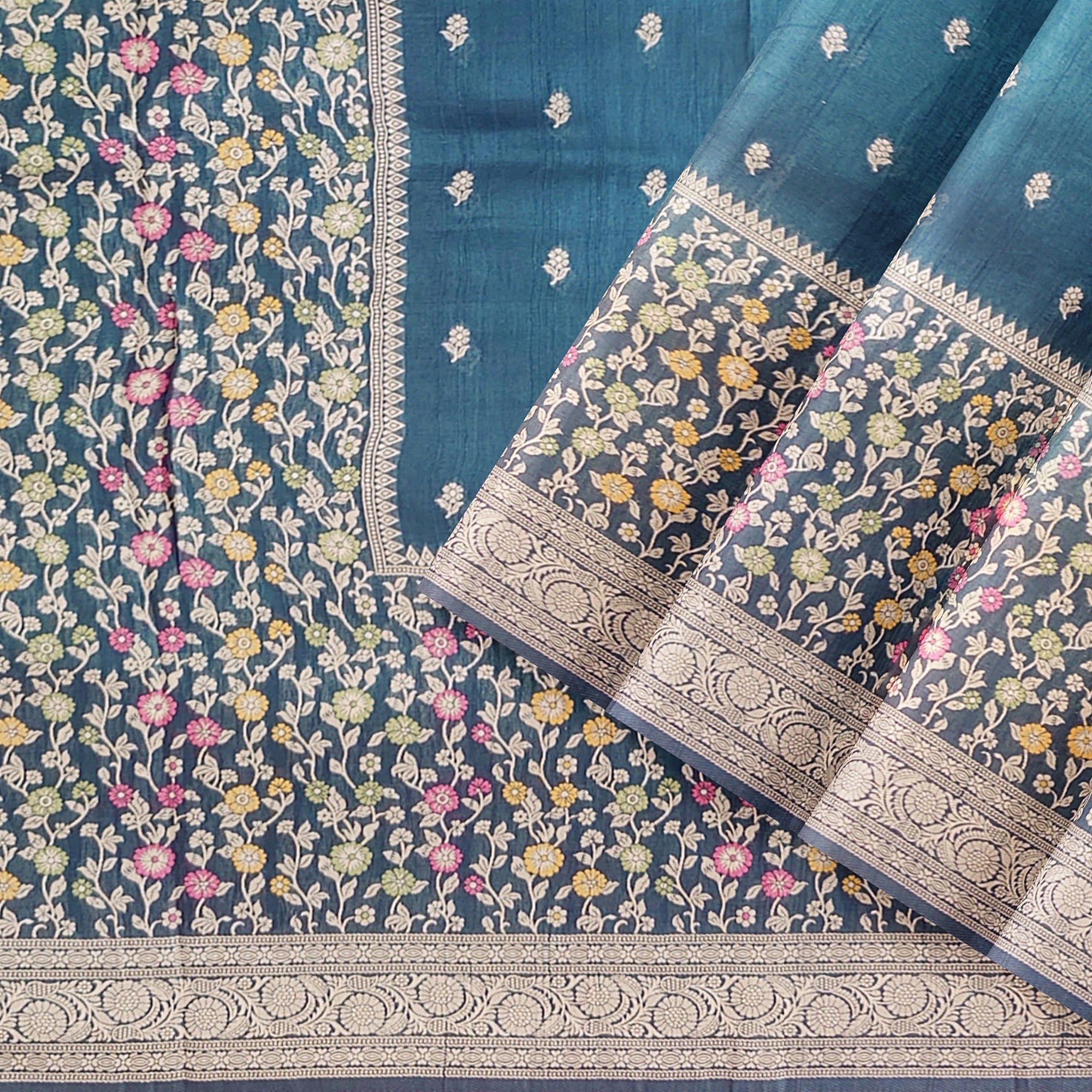 Green Raw Silk Saree – Floral Work & Tassels – Shop Online